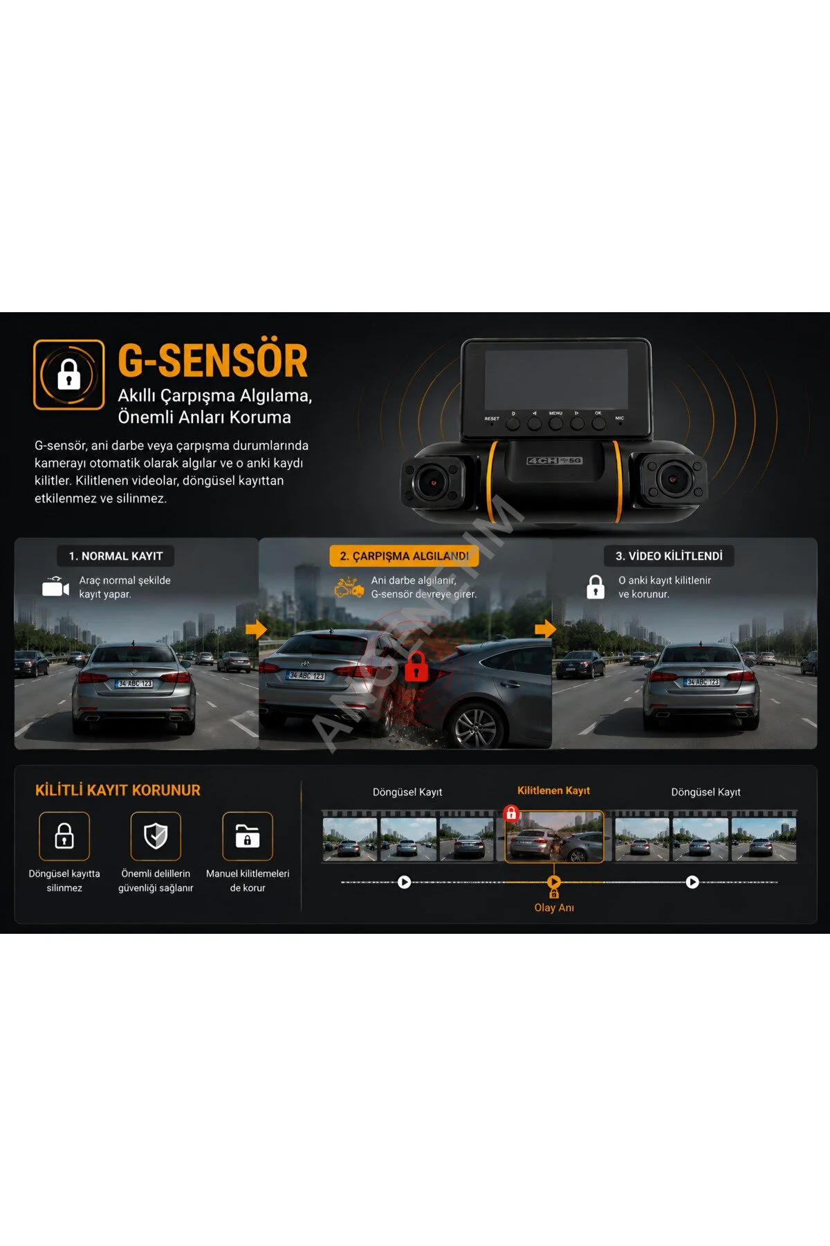 Angenehm 4 KAMERALI 4K Yapay Zekalı Plaka Okuma Full Donanımlı ve Full Paket 4K 2K 2K 2K Ultra Full HD Adas Gps Wifi G Sensör Gece Görüş Ön Arka Araç İçi ve Dışı Kamera