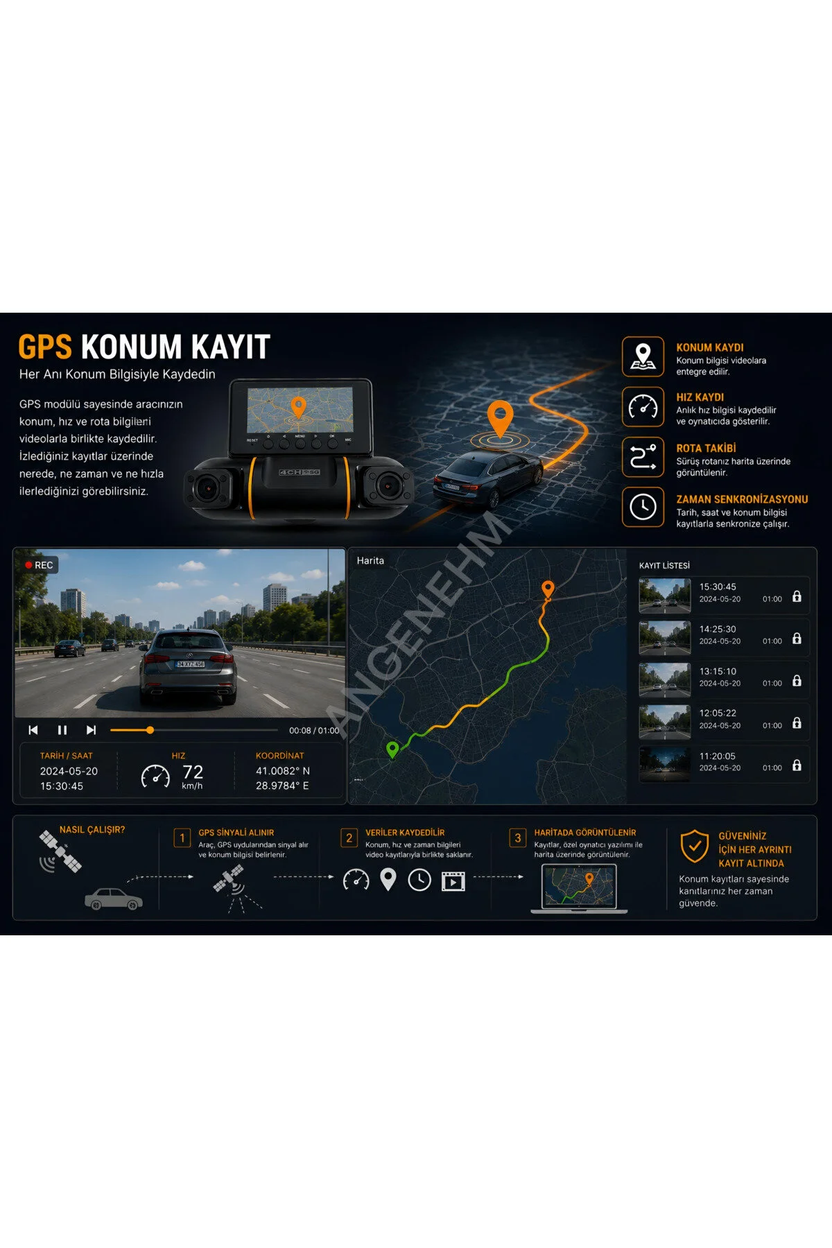Angenehm 4 KAMERALI 4K Yapay Zekalı Plaka Okuma Full Donanımlı ve Full Paket 4K 2K 2K 2K Ultra Full HD Adas Gps Wifi G Sensör Gece Görüş Ön Arka Araç İçi ve Dışı Kamera
