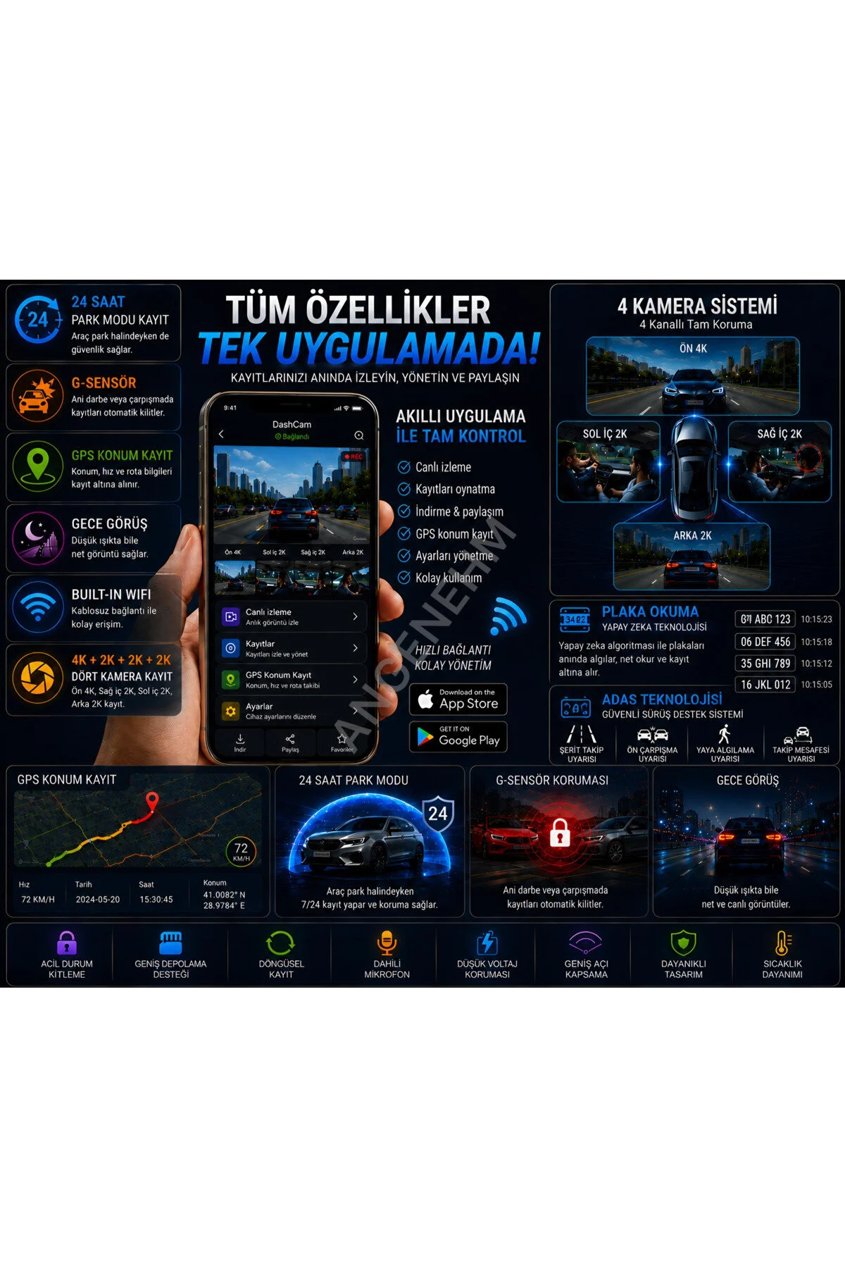 Angenehm 4 KAMERALI 4K Yapay Zekalı Plaka Okuma Full Donanımlı ve Full Paket 4K 2K 2K 2K Ultra Full HD Adas Gps Wifi G Sensör Gece Görüş Ön Arka Araç İçi ve Dışı Kamera