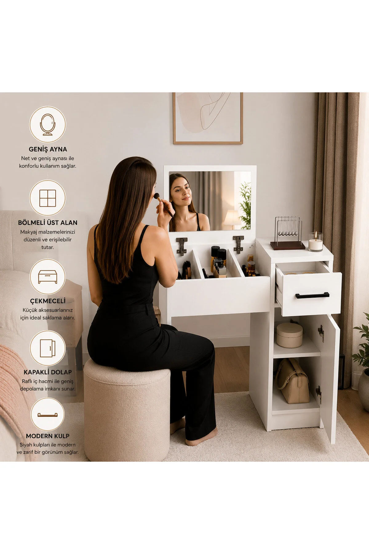 Arnetti İnci Beyaz Aynalı Makyaj Masası – Çekmeceli, Dolaplı & Şık Tasarım