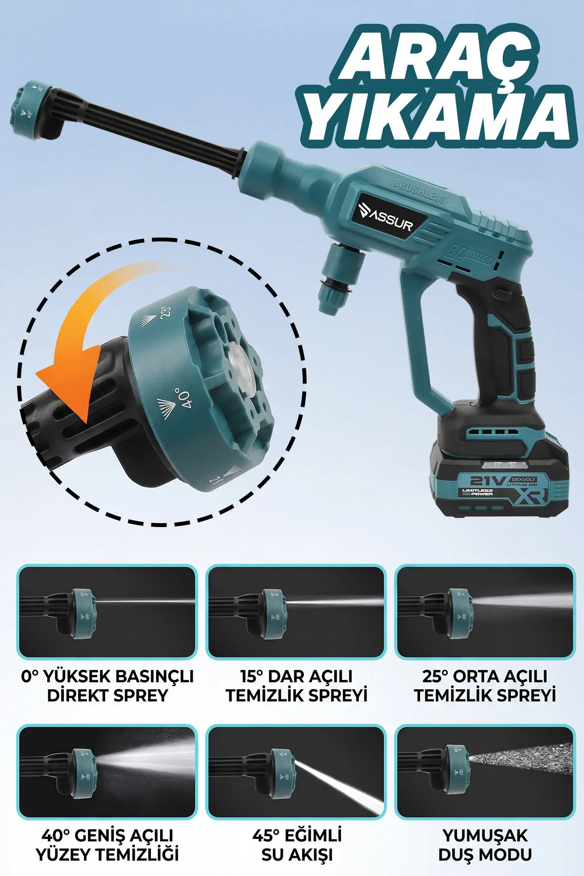 ASSUR 21V 2 BATARYA Kömürsüz Motor Dijital Ekranlı Yüksek Basınçlı Akülü Şarjlı Oto Araba Yıkama Makinesi