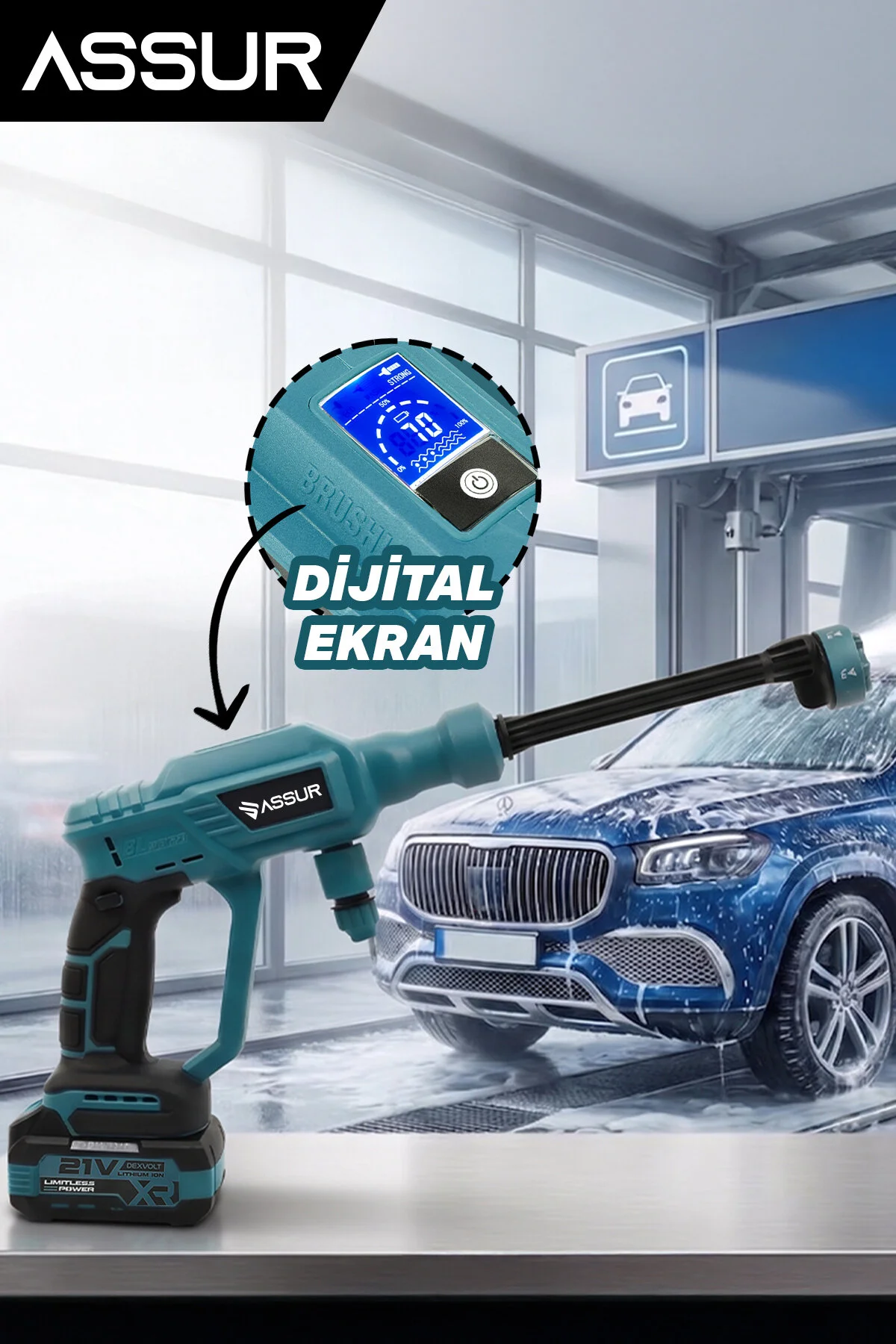 ASSUR 21V 2 BATARYA Kömürsüz Motor Dijital Ekranlı Yüksek Basınçlı Akülü Şarjlı Oto Araba Yıkama Makinesi