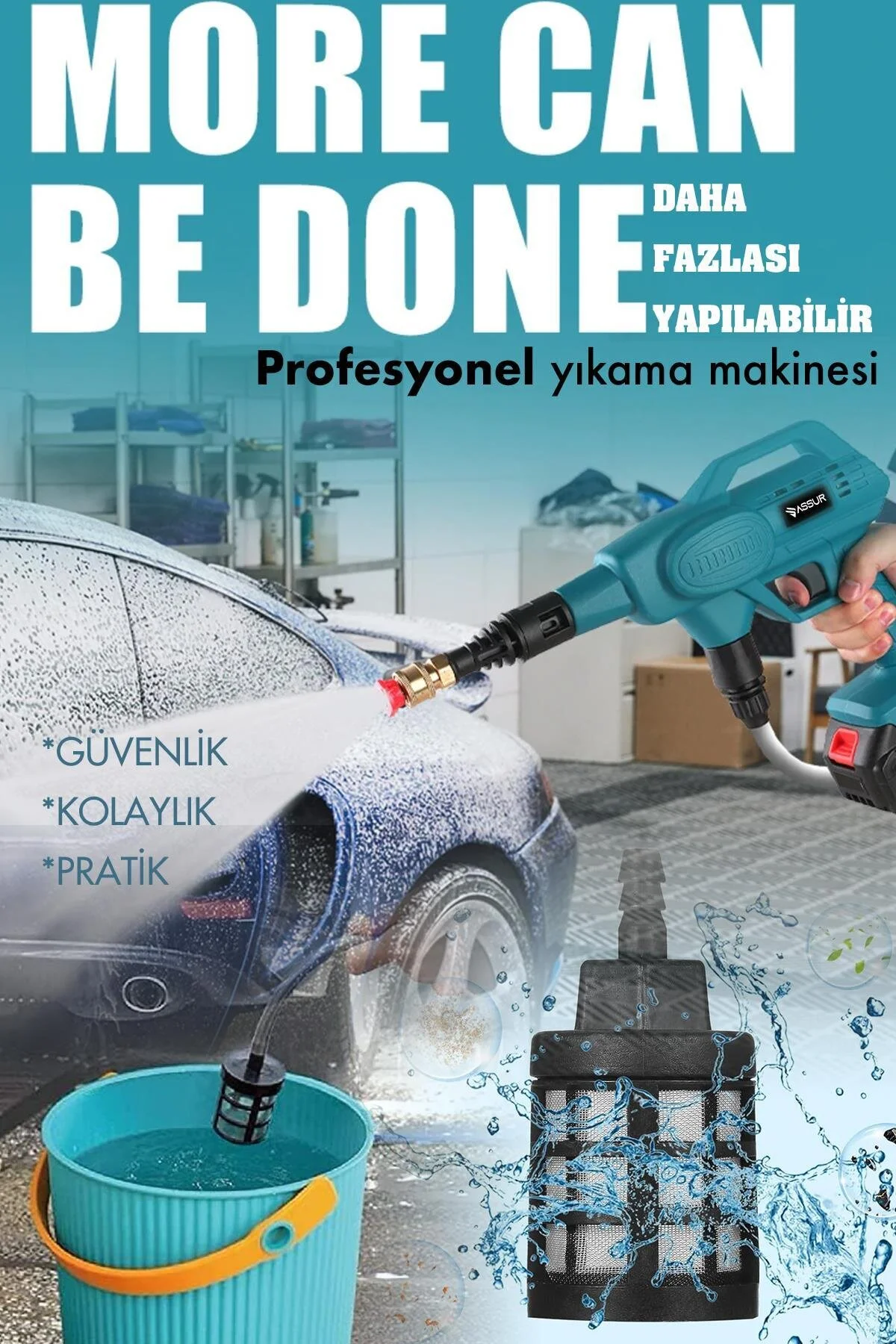 ASSUR 21V 2 BATARYA Kömürsüz Motor Dijital Ekranlı Yüksek Basınçlı Akülü Şarjlı Oto Araba Yıkama Makinesi