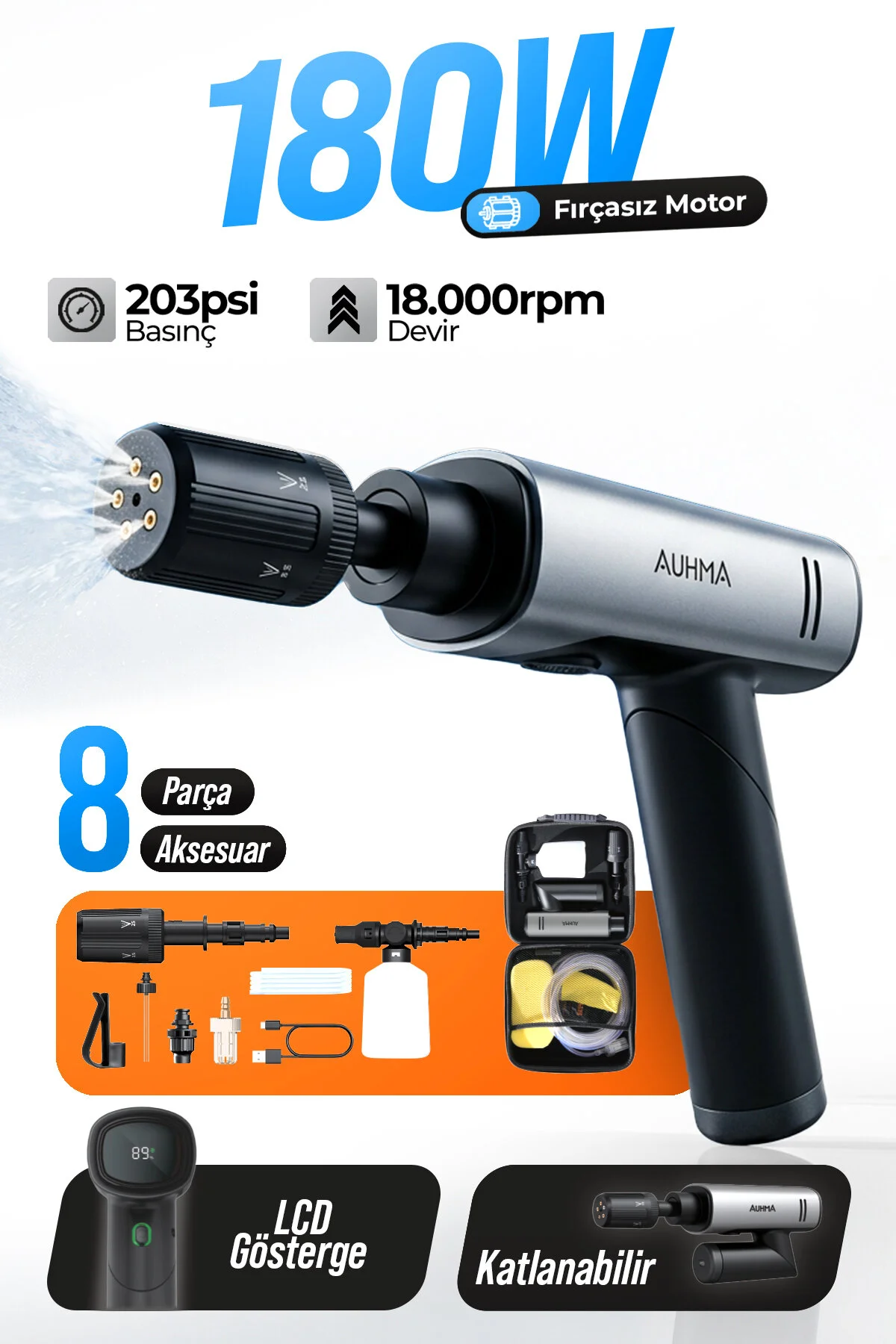auhma ACR-09 180W Fırçasız Şarjlı Basınçlı Yıkama Makinesi – Katlanabilir Kablosuz Oto Yıkama Tabanc
