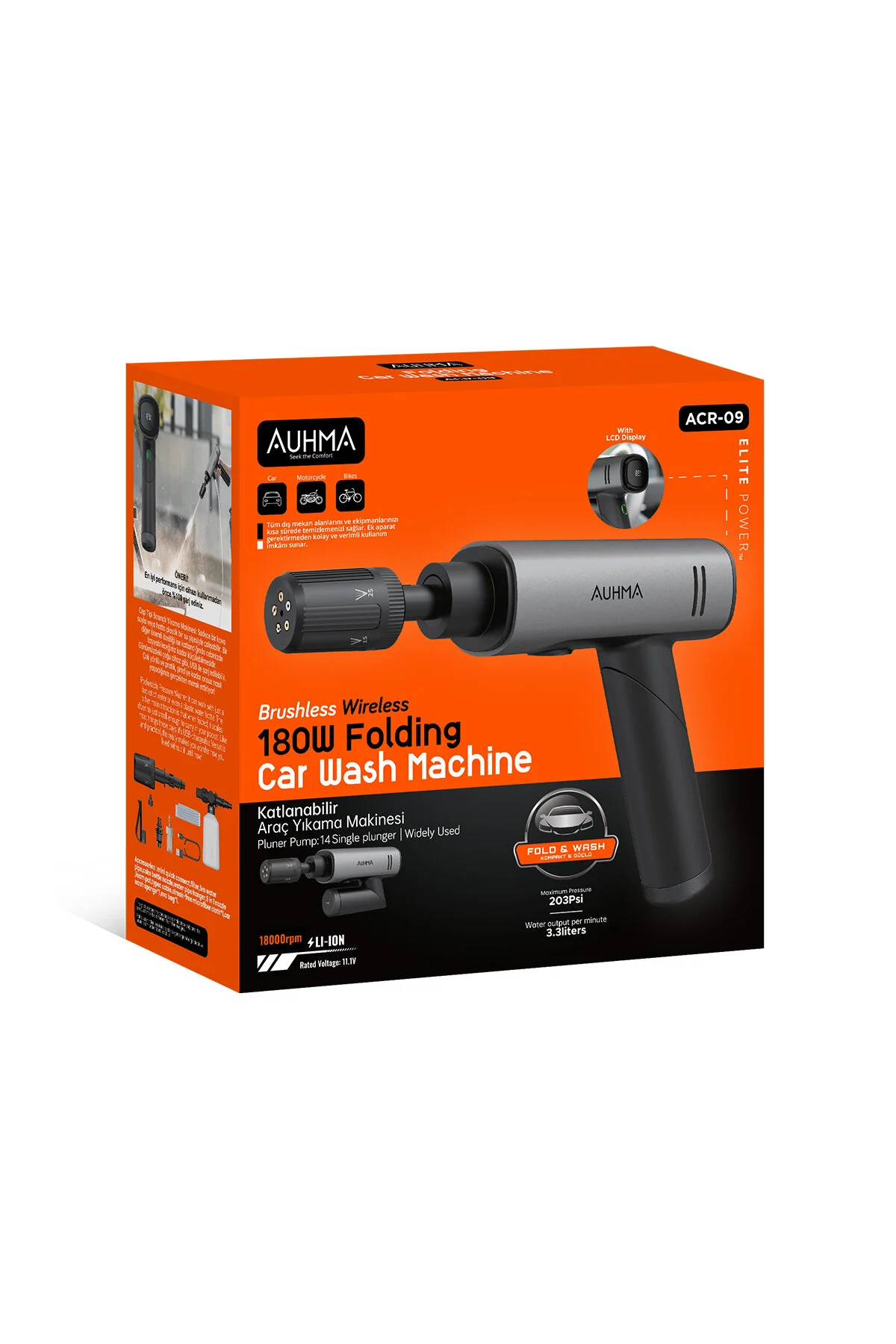 auhma ACR-09 180W Fırçasız Şarjlı Basınçlı Yıkama Makinesi – Katlanabilir Kablosuz Oto Yıkama Tabanc