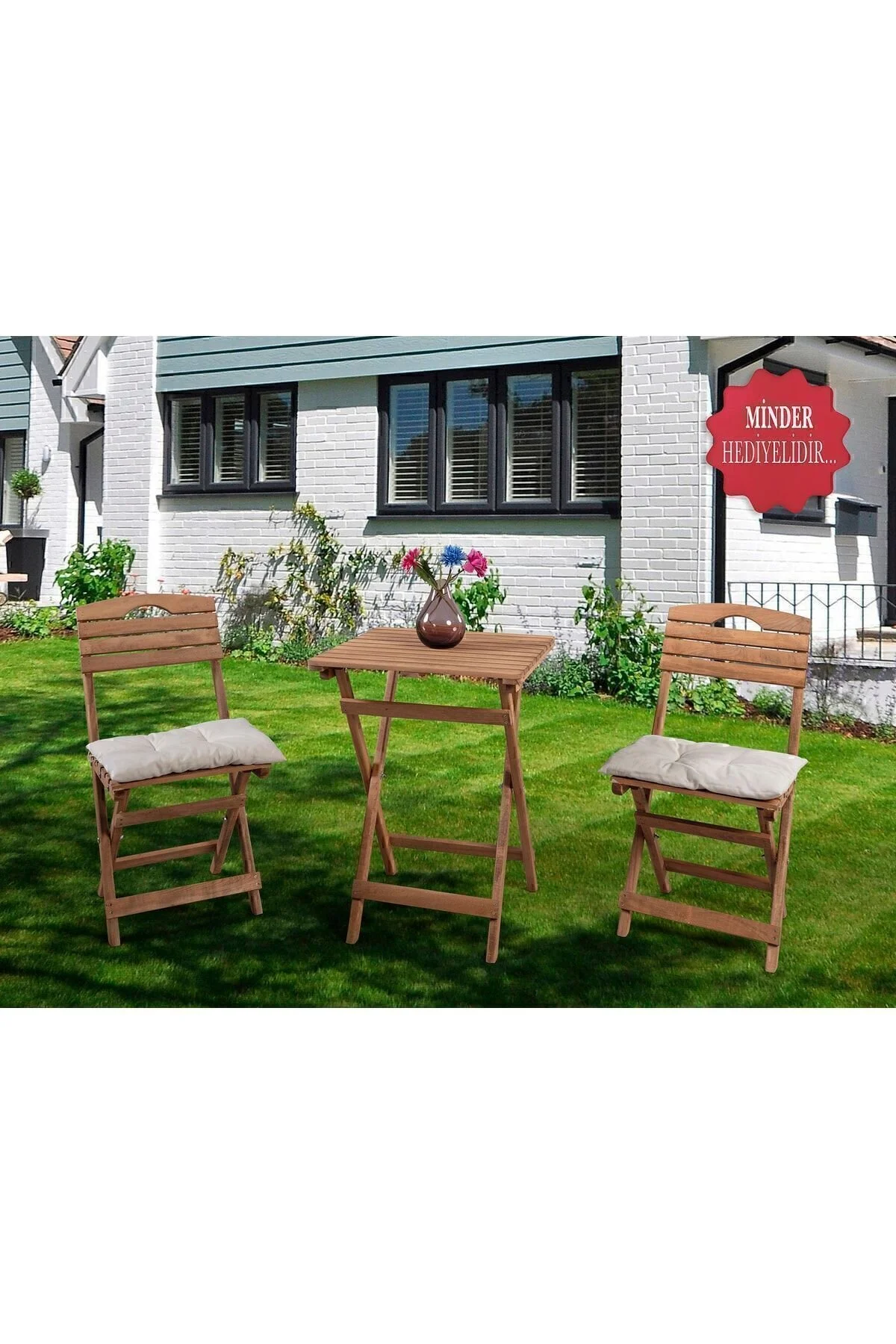 BarışAhşap Bahçe Balkon Mutfak 3’lü Bistro Seti Hediye Minderli