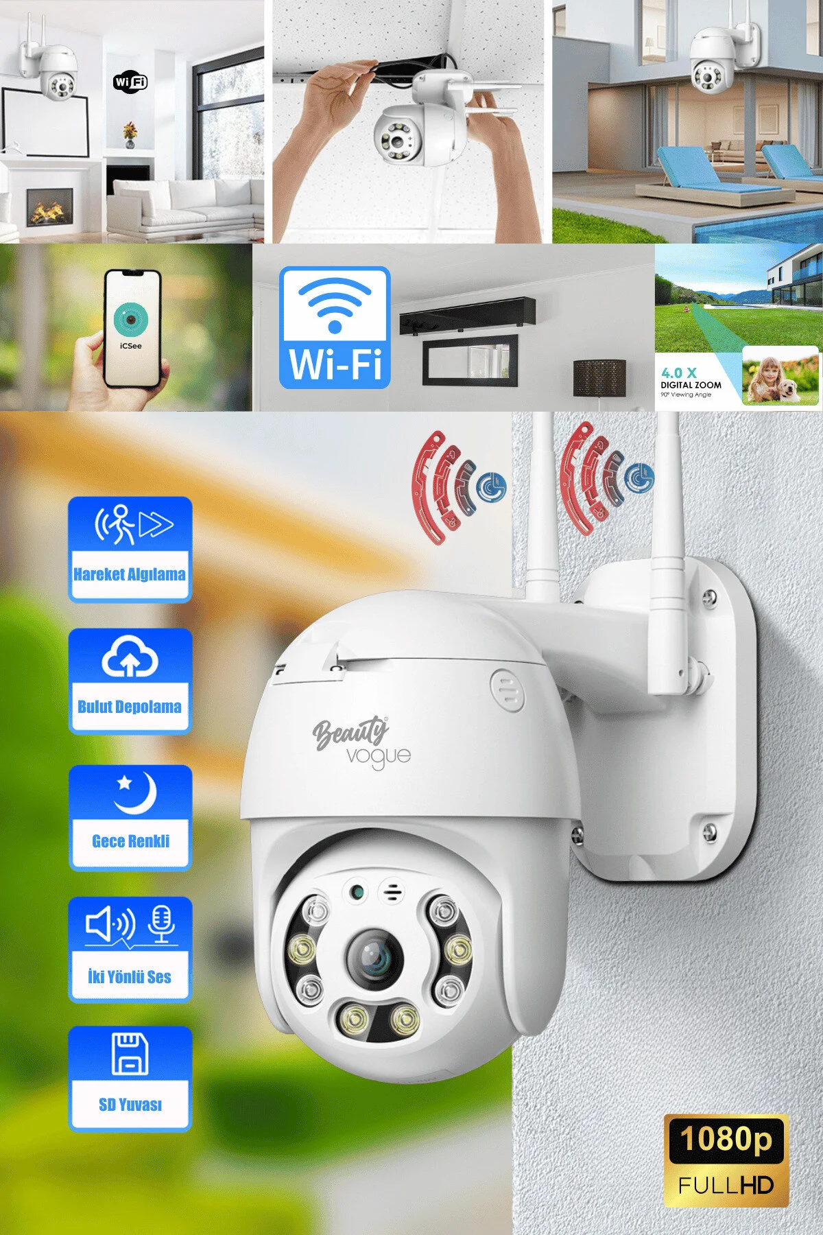 Beauty Vogue Kablosuz WiFi Kamera, dış mekan, Hareket Algılama/En İyi Gece Görüşü/Su Geçirmez CCTV Kamera