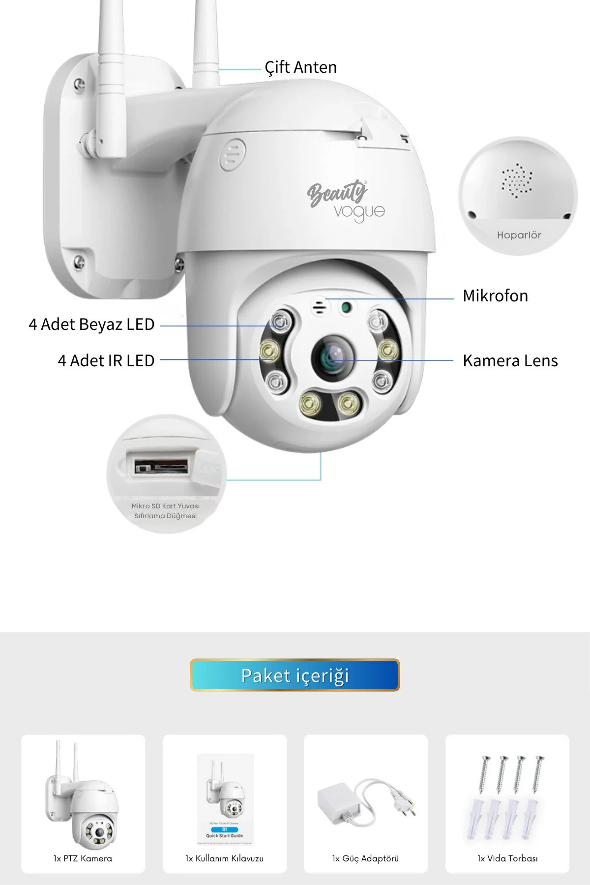 Beauty Vogue Kablosuz WiFi Kamera, dış mekan, Hareket Algılama/En İyi Gece Görüşü/Su Geçirmez CCTV Kamera
