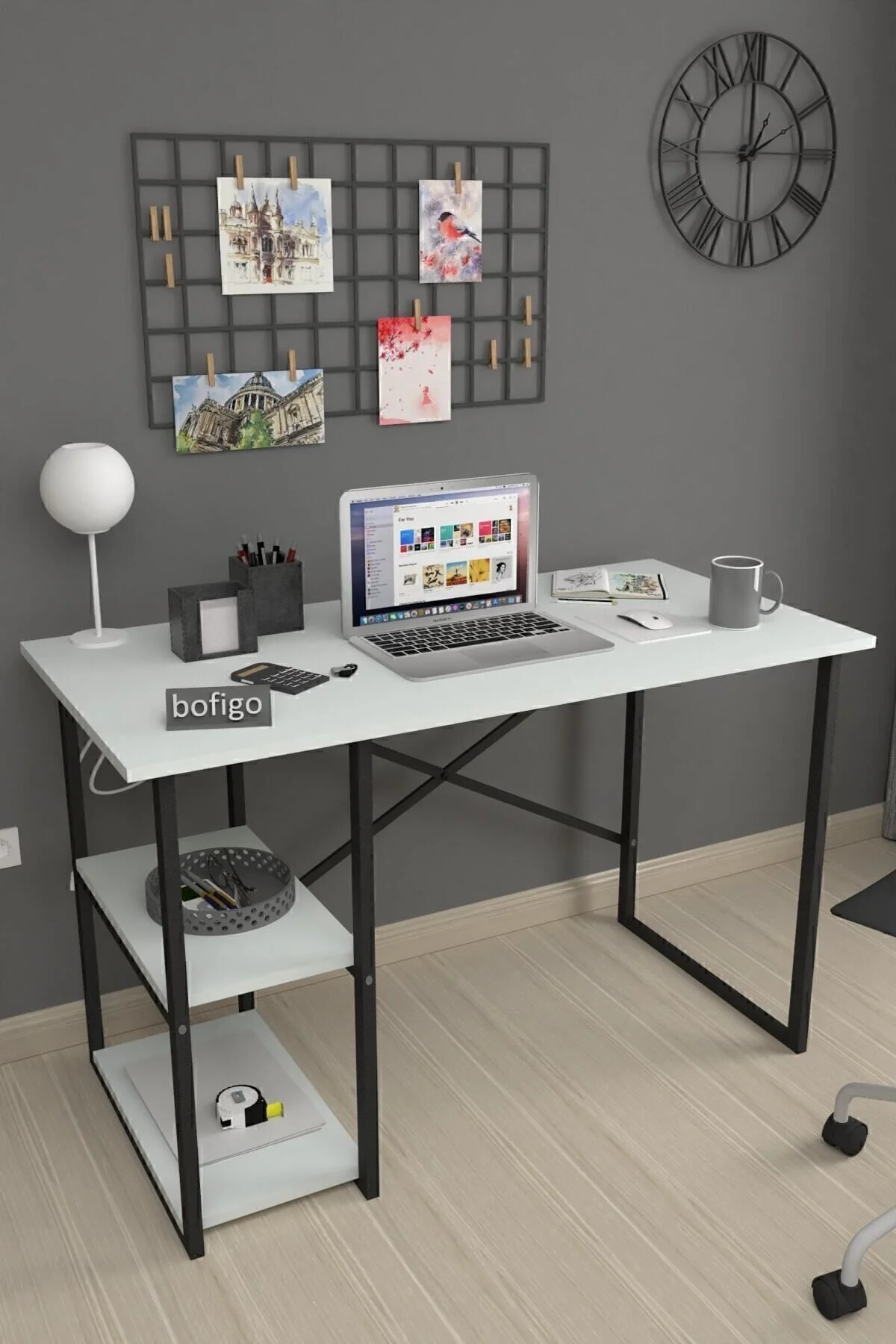 Bofigo 60x120 Cm 2 Raflı Çalışma Masası Bilgisayar Masası Ofis Ders Yemek Masası Kafka Beyaz