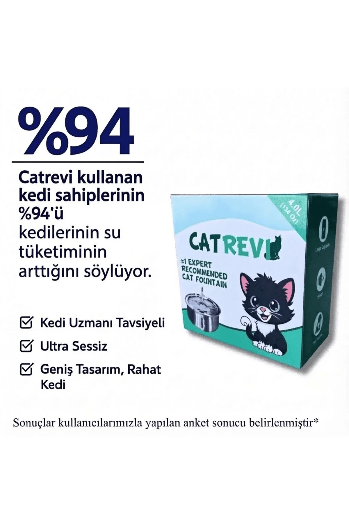 Catrevi 4 L Paslanmaz Çelik Su Pınarı Kedi Köpek Premium Su Çeşmesi Ultra Sessiz Su Sebili 4 Filtre Hediye