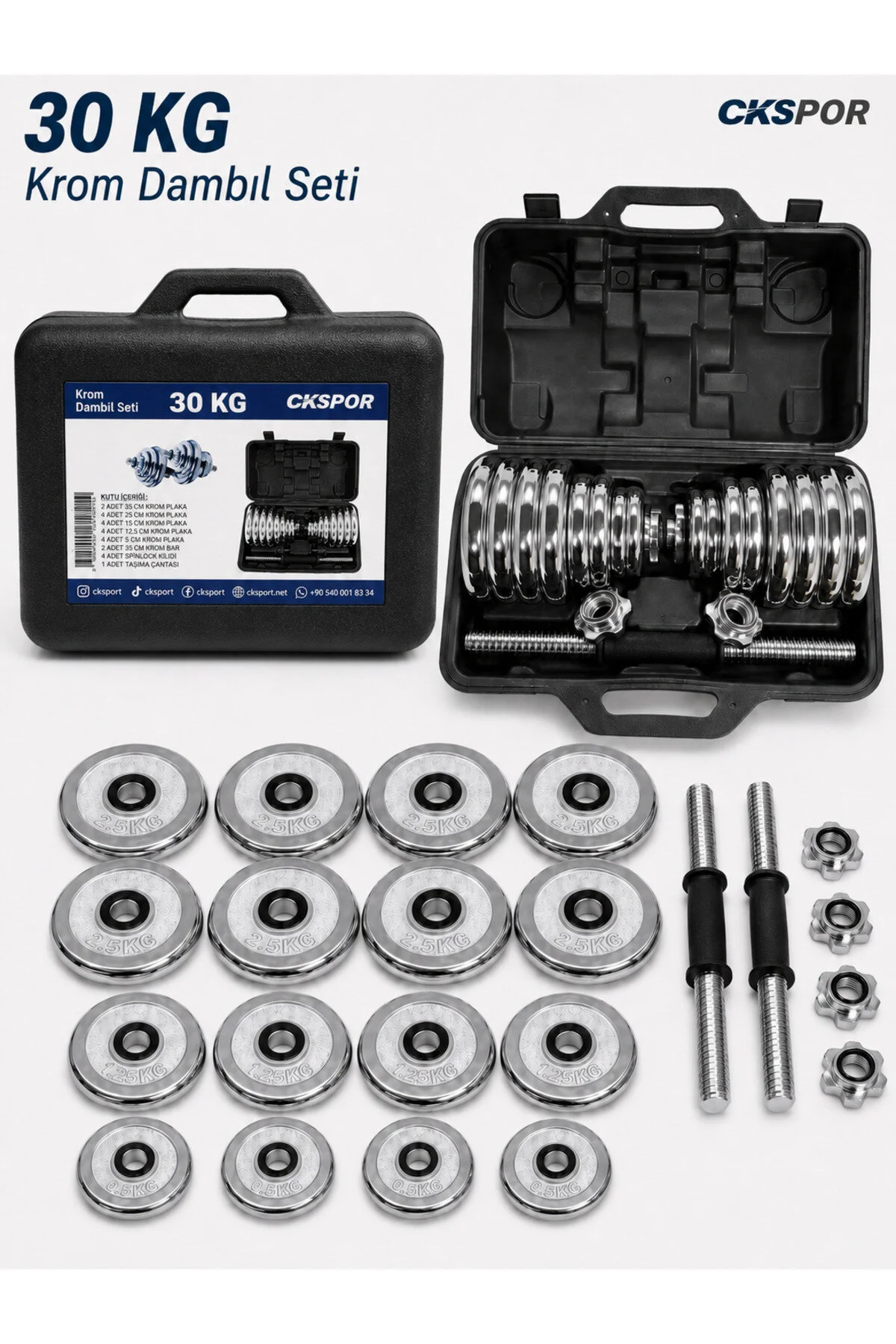 CKSpor 30 Kg Krom Dumbell Seti Çantalı Döküm Plaka Dambıl Seti CKS420