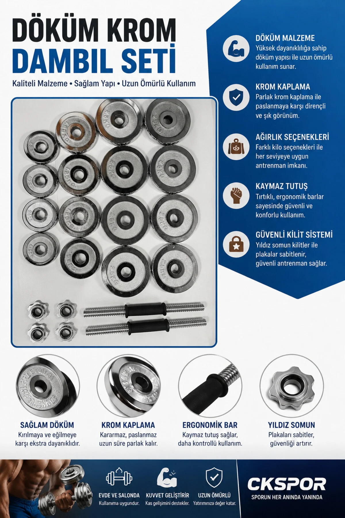 CKSpor 30 Kg Krom Dumbell Seti Çantalı Döküm Plaka Dambıl Seti CKS420