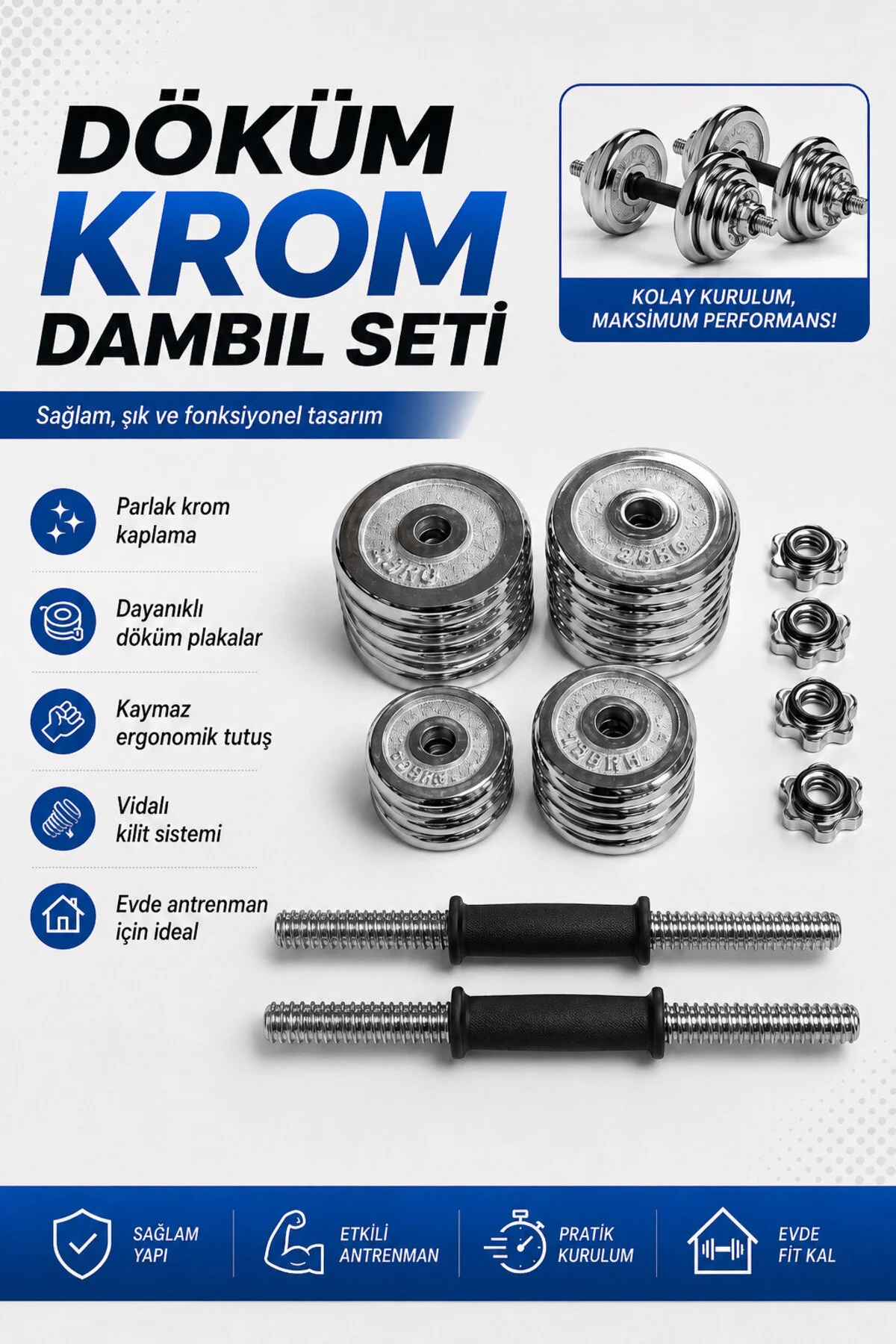 CKSpor 30 Kg Krom Dumbell Seti Çantalı Döküm Plaka Dambıl Seti CKS420