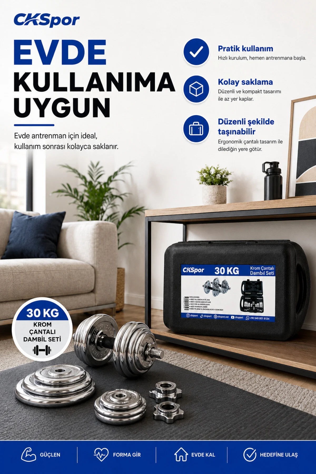 CKSpor 30 Kg Krom Dumbell Seti Çantalı Döküm Plaka Dambıl Seti CKS420
