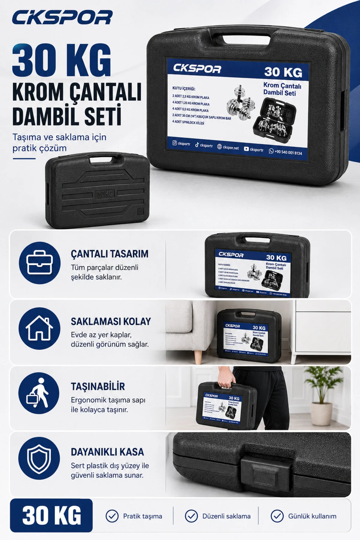 CKSpor 30 Kg Krom Dumbell Seti Çantalı Döküm Plaka Dambıl Seti CKS420
