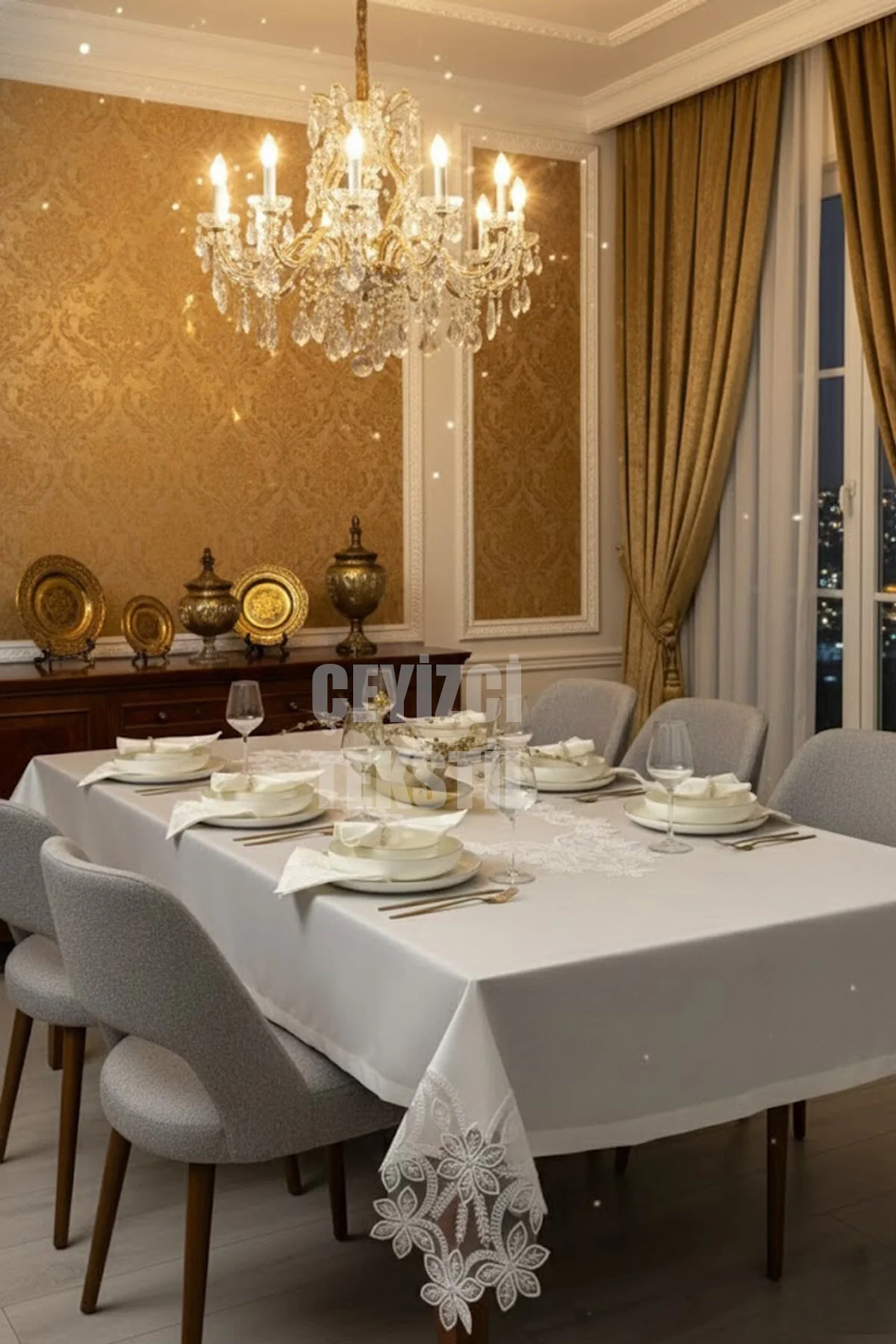 Çt Çeyizci Tekstil 12 Kişilik Masa Örtüsü Takımı, Masa Seti 12 Kişilik 26 Parça 160x220cm