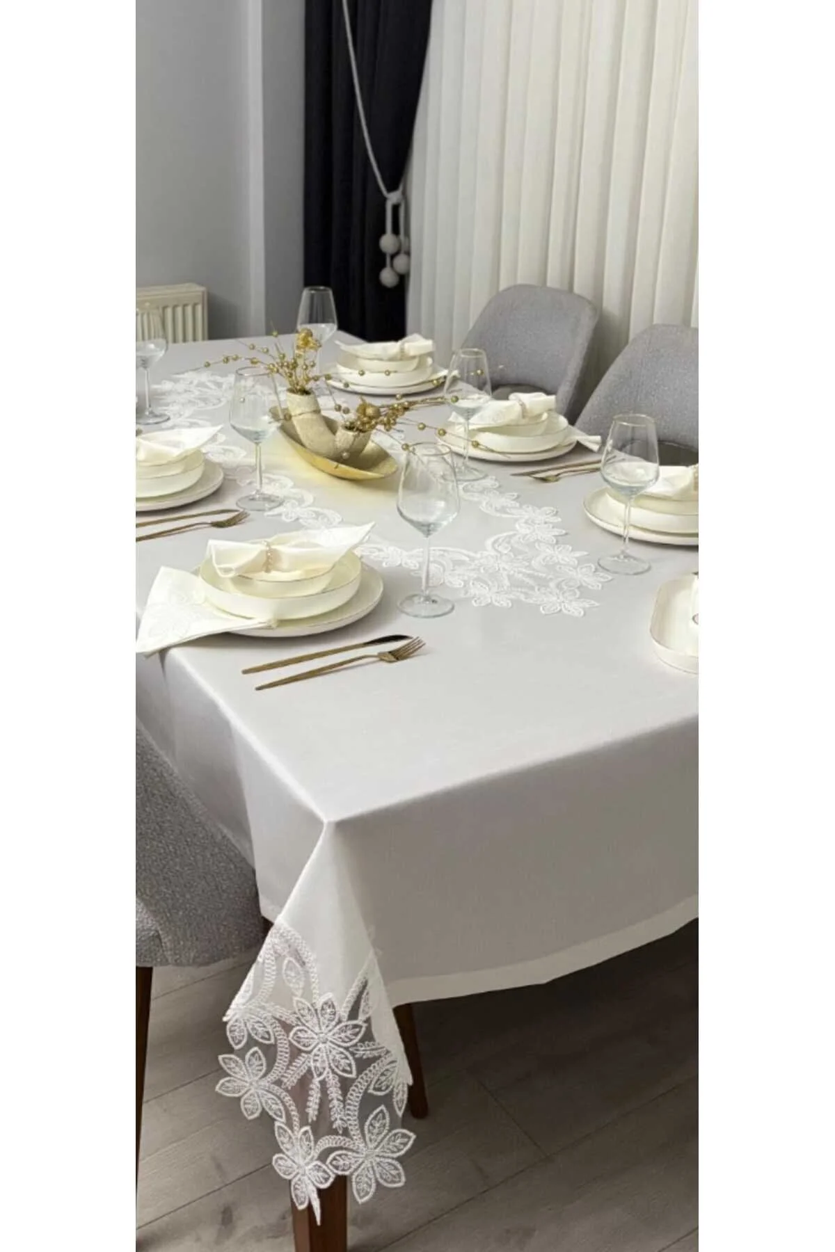 Çt Çeyizci Tekstil 12 Kişilik Masa Örtüsü Takımı, Masa Seti 12 Kişilik 26 Parça 160x220cm