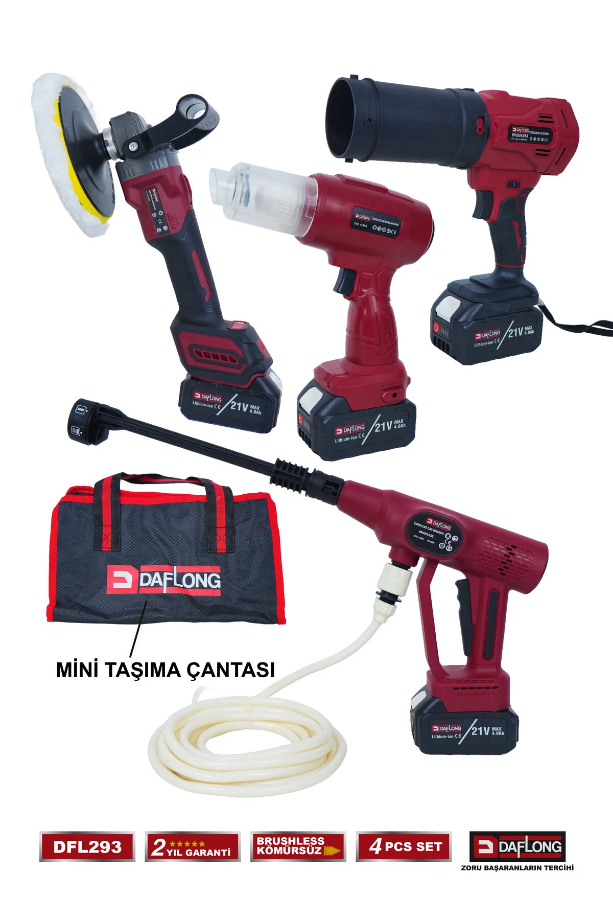 Daflong 4'LÜ ARAÇ KİTİ SÜPÜRGE+ŞARJLI POLİSAJ+HAVA ÜFLEME+ ARAÇ YIKAMA DFL-293
