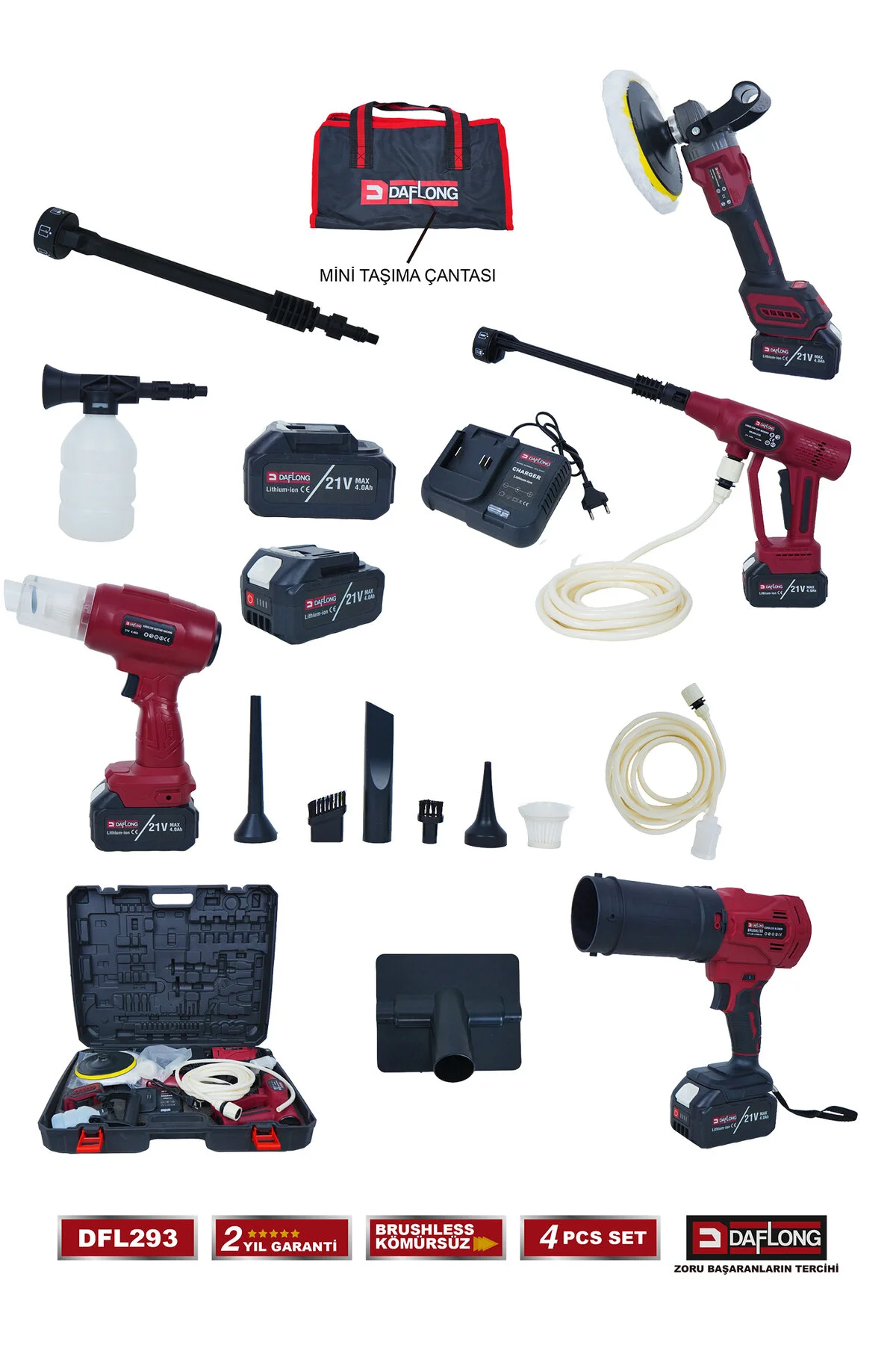 Daflong 4'LÜ ARAÇ KİTİ SÜPÜRGE+ŞARJLI POLİSAJ+HAVA ÜFLEME+ ARAÇ YIKAMA DFL-293
