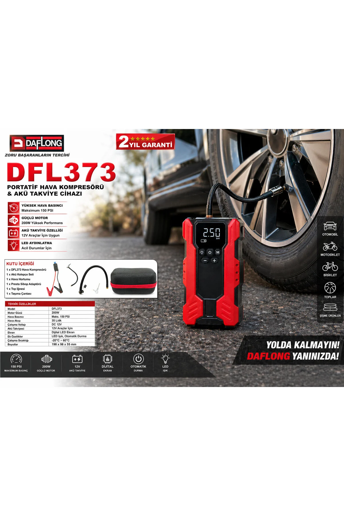 Daflong 4'Ü 1 ARADA ŞARJLI 150 PSİ YÜKSEK BASINÇLI LASTİK ŞİŞİRME AKÜ ATEŞLEYİCİ LED IŞIK