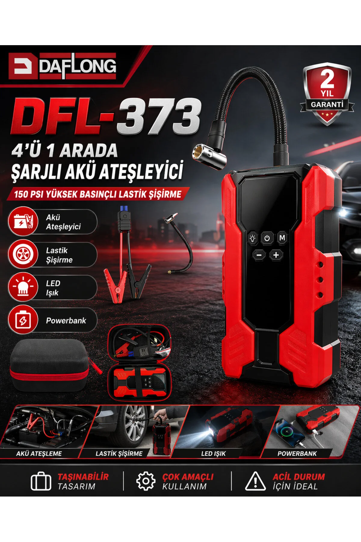 Daflong 4'Ü 1 ARADA ŞARJLI 150 PSİ YÜKSEK BASINÇLI LASTİK ŞİŞİRME AKÜ ATEŞLEYİCİ LED IŞIK