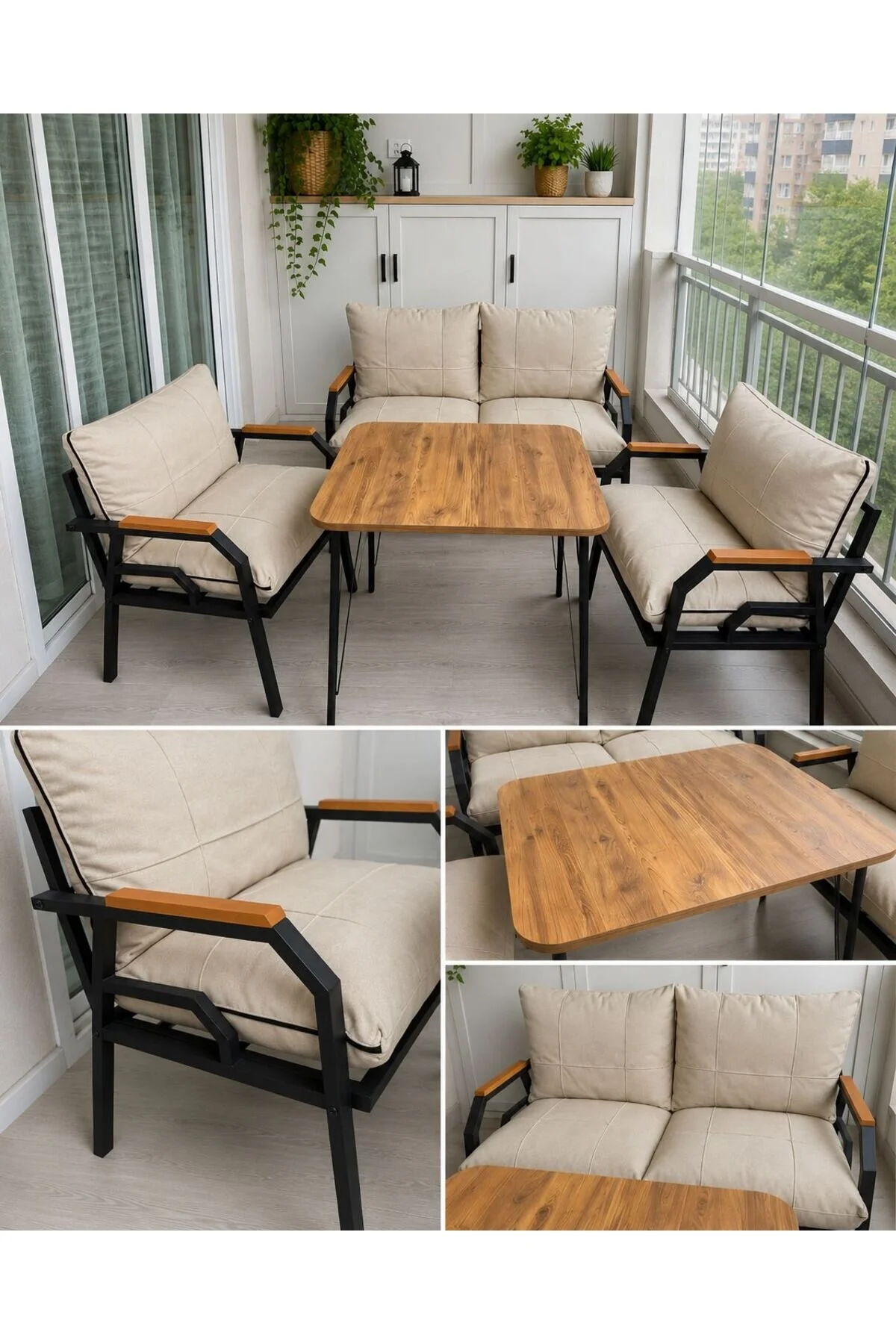 Dekoport Kutay Balkon Takımı, Bahçe Takımı, Çay Seti Koltuk Takımı, Metal Kanepe 2-1-1 50x80 Masalı Krem
