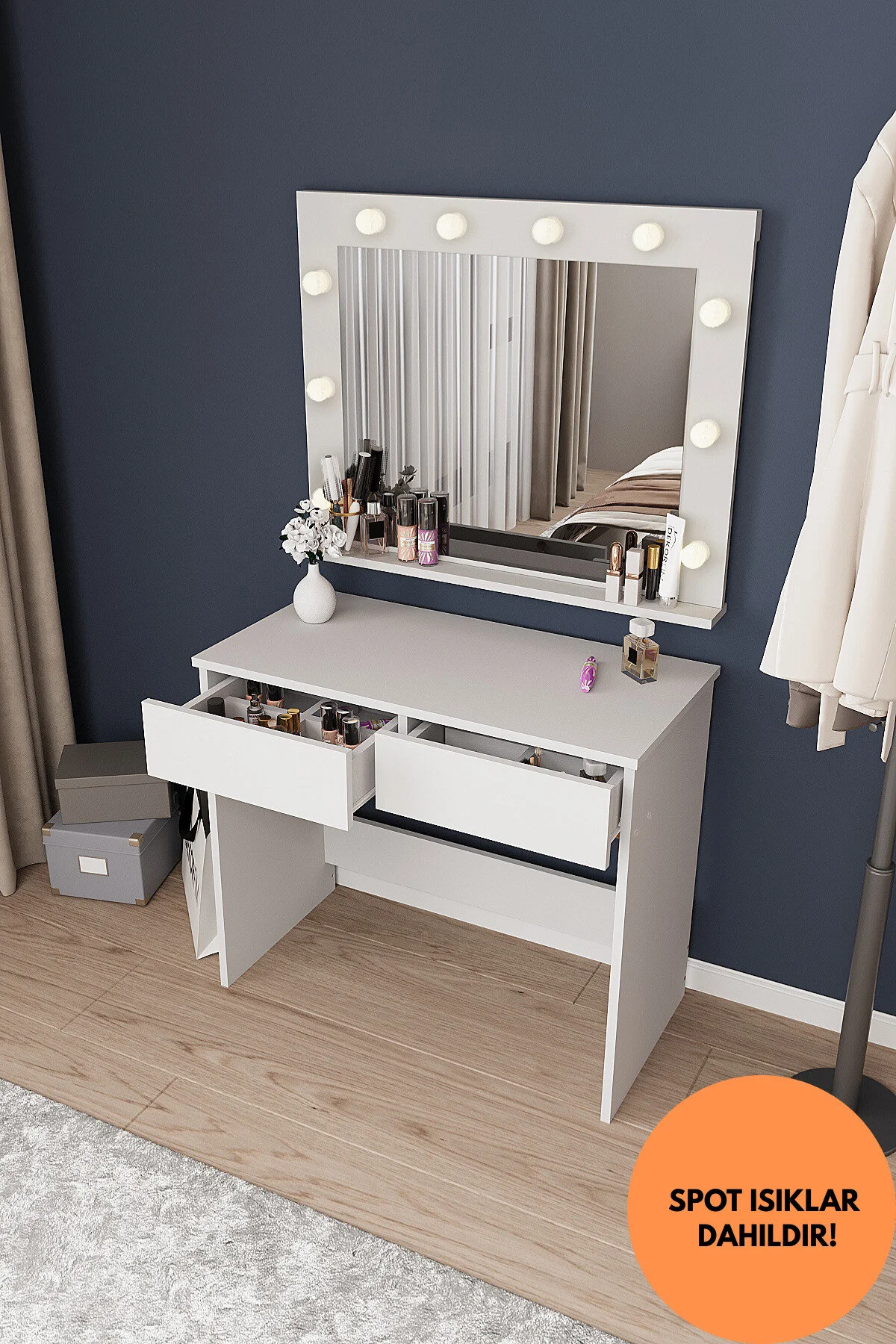 dekor fim DF02108B LED Işıklı Aynalı Holywood Makyaj Masası, Bölmeli Çekmeceli Organizer Kozmetik Masası