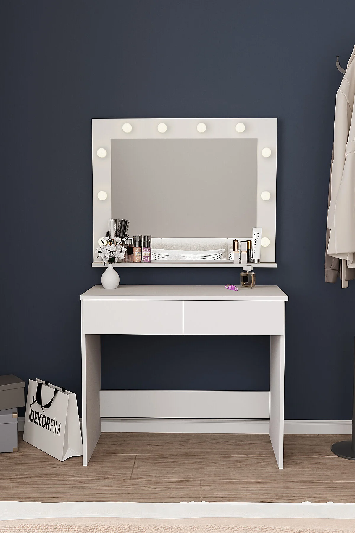 dekor fim DF02108B LED Işıklı Aynalı Holywood Makyaj Masası, Bölmeli Çekmeceli Organizer Kozmetik Masası