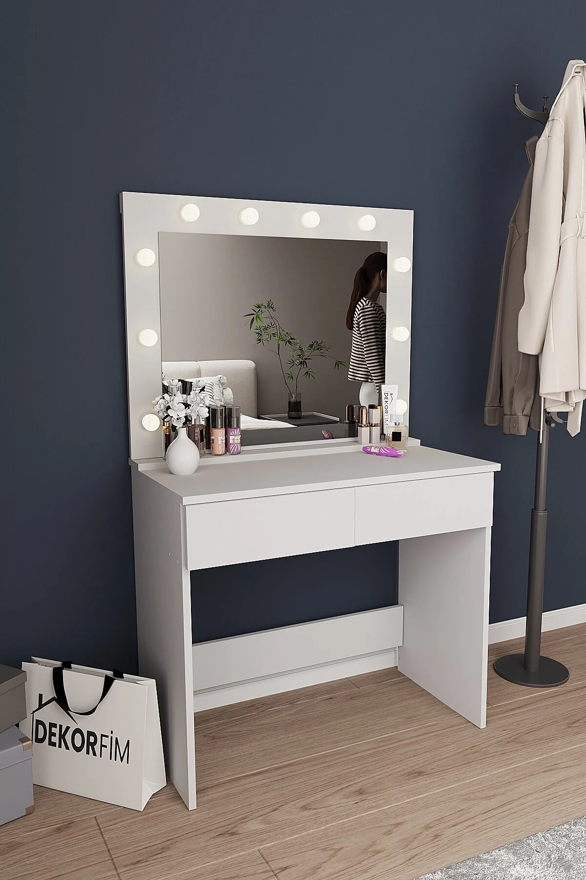 dekor fim DF02108B LED Işıklı Aynalı Holywood Makyaj Masası, Bölmeli Çekmeceli Organizer Kozmetik Masası