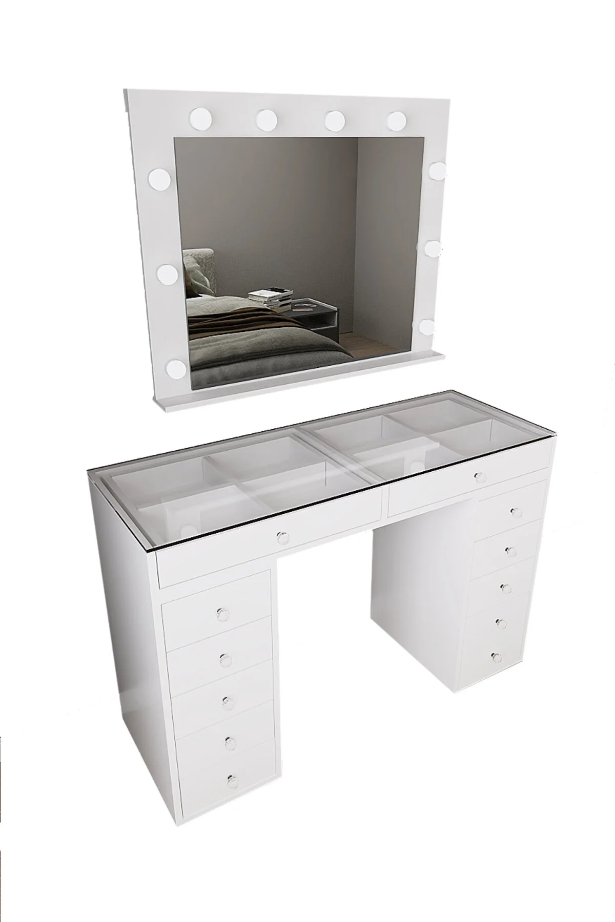 dekor fim DF02115B Spot Işıklı 120 Cm Makyaj Masası, 12 Çekmeceli, Bölmeli, Aynalı, Yatak Odası Düzenleyici