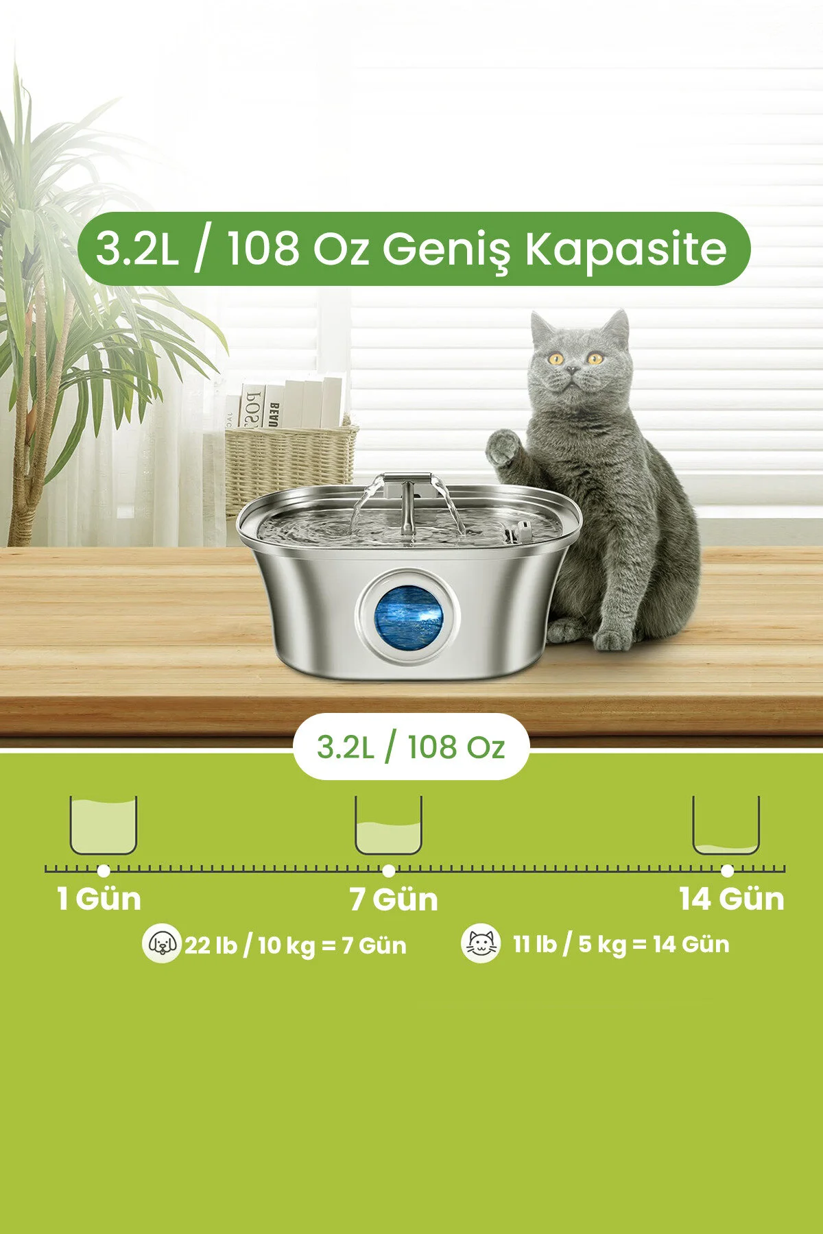 Electron 3.2 L Çiftli Paslanmaz Çelik Kedi Köpek İçin Otomatik Su Pınarı Su Çeşmesi Su Sebili Sessiz Pompalı
