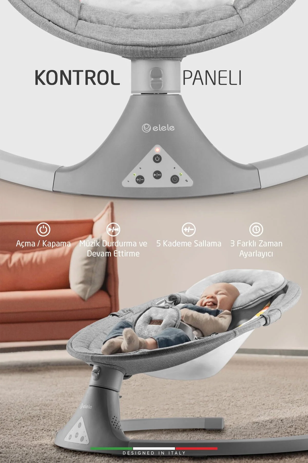 Elele Dormire 2 Elektrikli Otomatik Sallanan Kademeli Ana Kucağı Gri