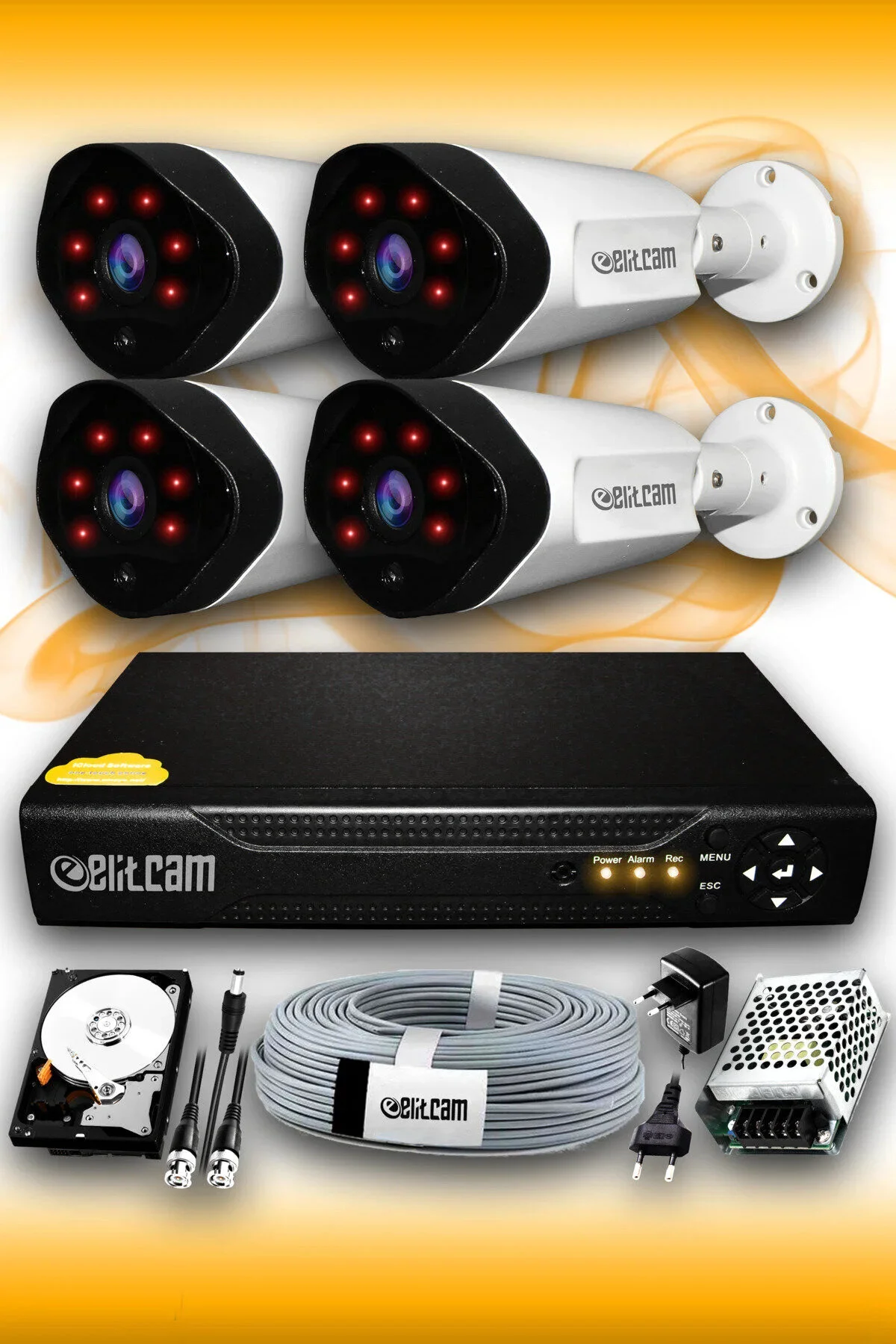 Elitcam 4 Kameralı Süper 4 Dış Kamera Set 250 GB 5 MP 2K Net Gece Görüşlü Güvenlik Kamerası Sistemi