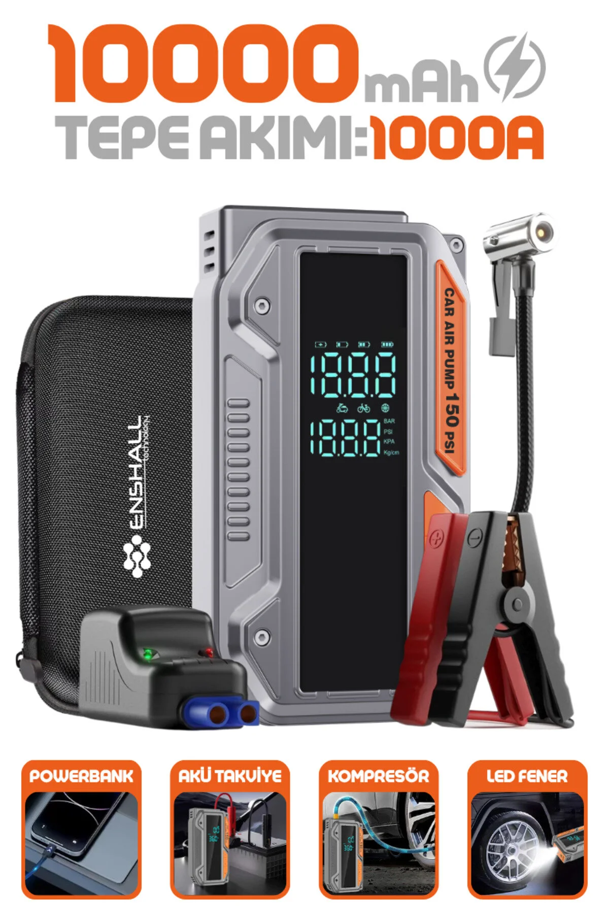 Enshall 10.000mAh Jump Starter Akü Takviyeli 1000A Tepe Akımlı Araç Lastik Şişirme Hava Kompresörü