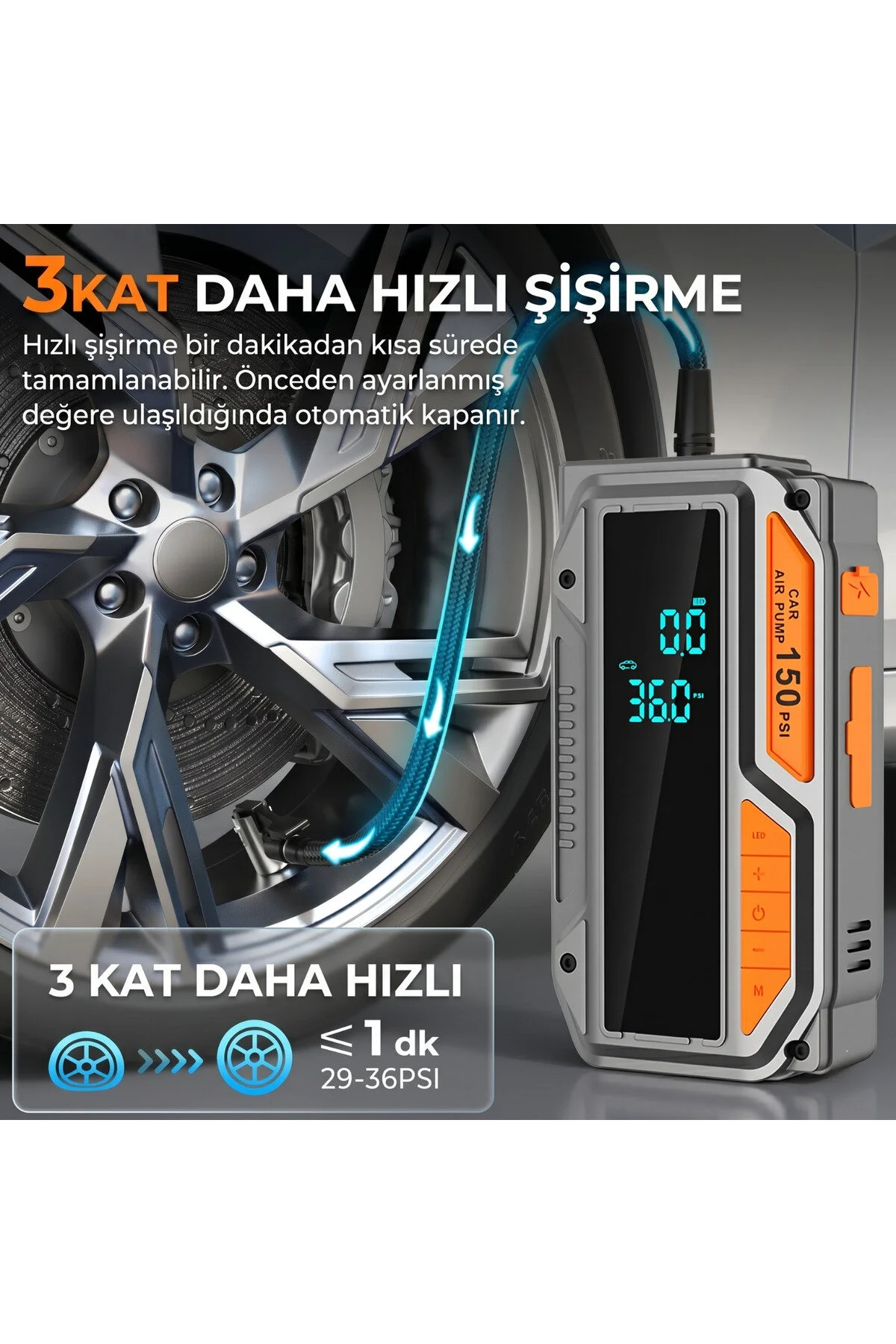 Enshall 10.000mAh Jump Starter Akü Takviyeli 1000A Tepe Akımlı Araç Lastik Şişirme Hava Kompresörü
