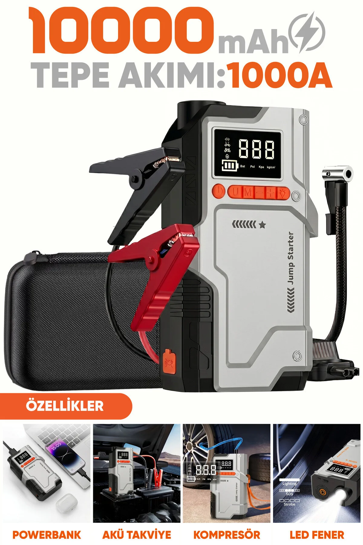 Enshall HARVOX 12000mAh 4’ü 1 Arada Akü Takviye Cihazı 150 PSI Kompresör Lastik Şişirme Pompası Led Işıklı Powerbank Özellikli Acil Durum 1000A Akü Takviye Cihazı Araç Motor Lastik Şişirme Hava Kompresörü