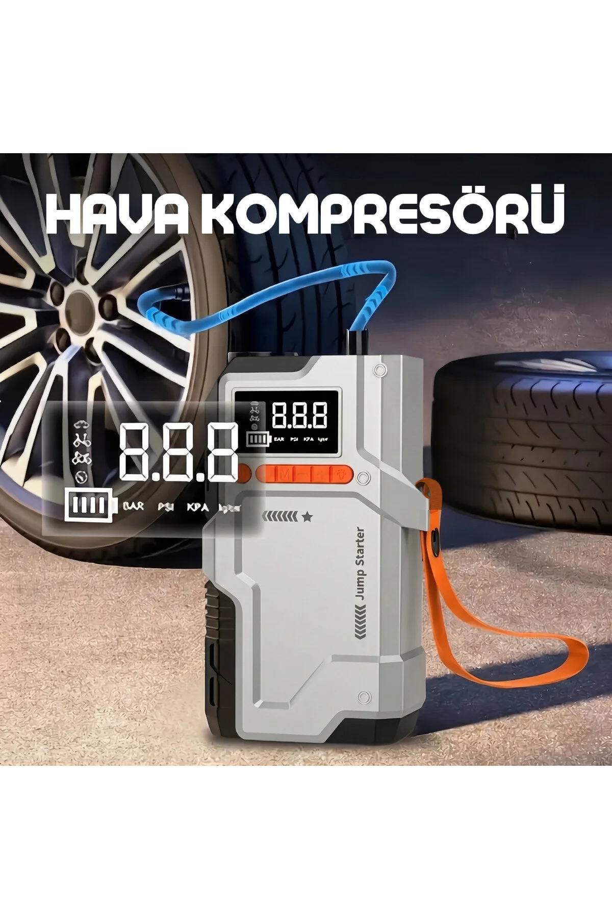 Enshall HARVOX 12000mAh 4’ü 1 Arada Akü Takviye Cihazı 150 PSI Kompresör Lastik Şişirme Pompası Led Işıklı Powerbank Özellikli Acil Durum 1000A Akü Takviye Cihazı Araç Motor Lastik Şişirme Hava Kompresörü