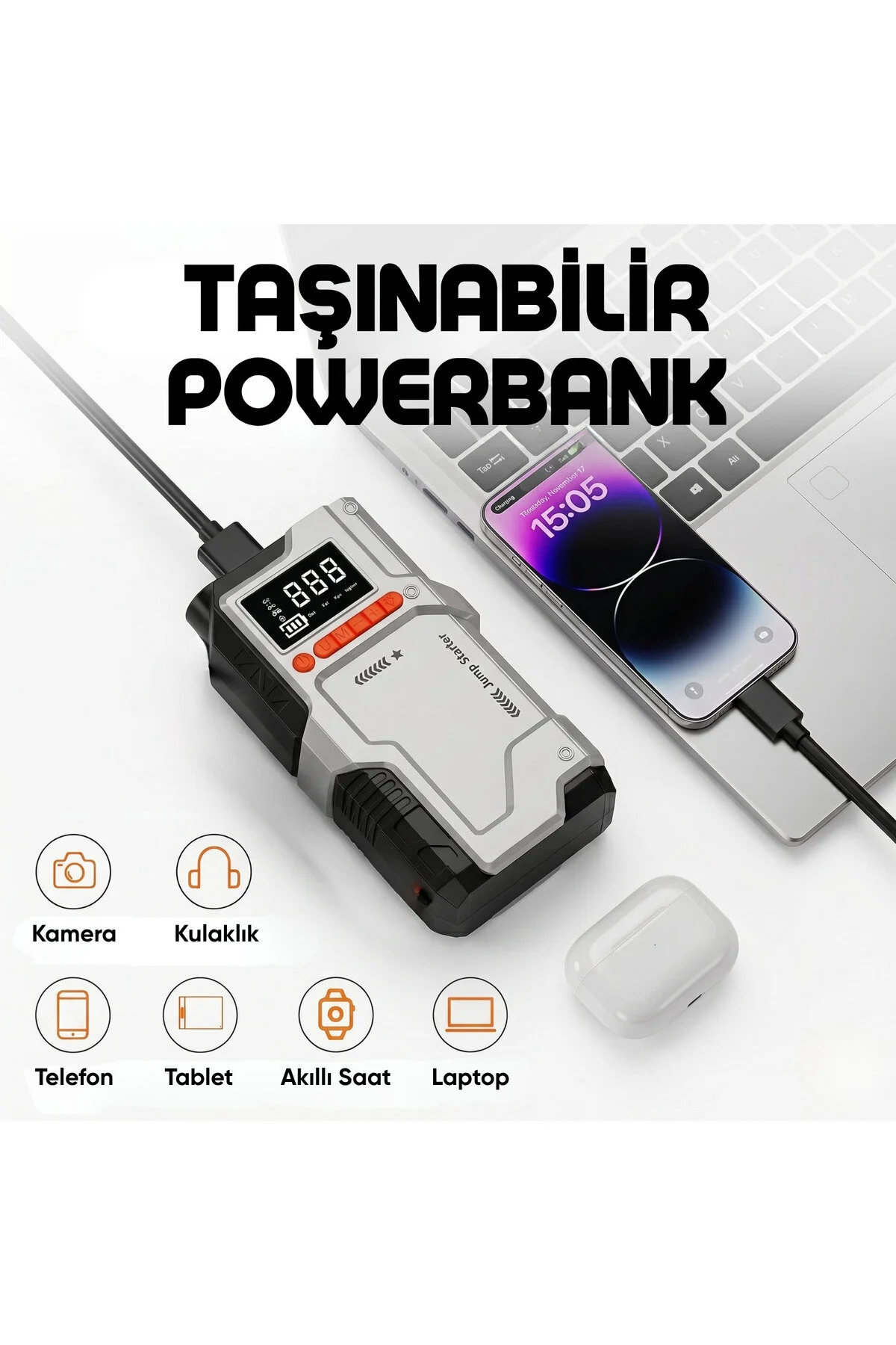 Enshall HARVOX 12000mAh 4’ü 1 Arada Akü Takviye Cihazı 150 PSI Kompresör Lastik Şişirme Pompası Led Işıklı Powerbank Özellikli Acil Durum 1000A Akü Takviye Cihazı Araç Motor Lastik Şişirme Hava Kompresörü