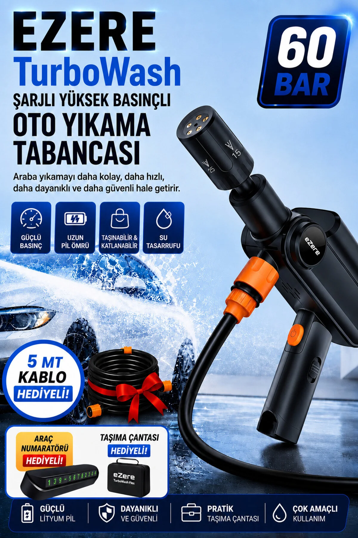 EZERE TurboWash Şarjlı 60 Bar Yüksek Basınçlı Oto Araba Bahçe Yıkama ve Temizleme Tabancası Makinesi