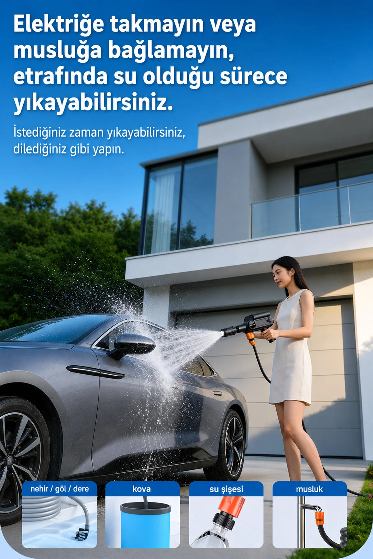EZERE TurboWash Şarjlı 60 Bar Yüksek Basınçlı Oto Araba Bahçe Yıkama ve Temizleme Tabancası Makinesi