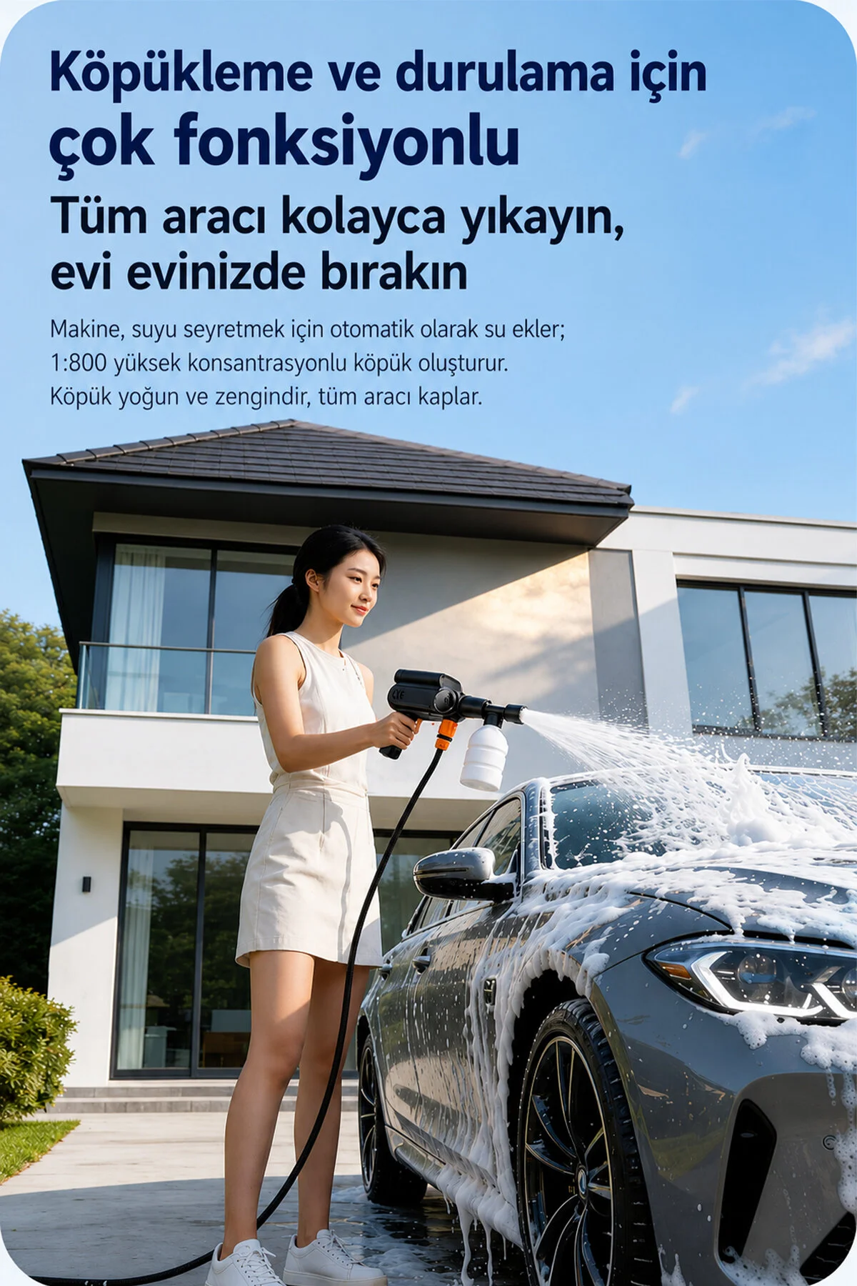 EZERE TurboWash Şarjlı 60 Bar Yüksek Basınçlı Oto Araba Bahçe Yıkama ve Temizleme Tabancası Makinesi