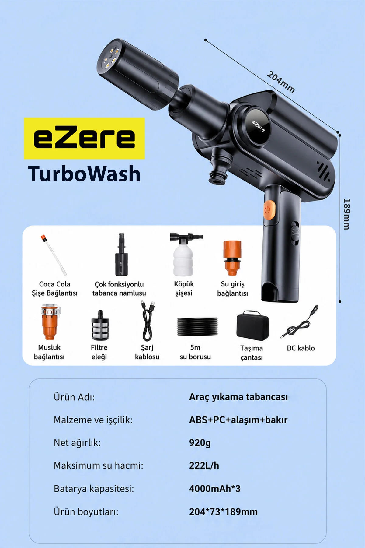 EZERE TurboWash Şarjlı 60 Bar Yüksek Basınçlı Oto Araba Bahçe Yıkama ve Temizleme Tabancası Makinesi