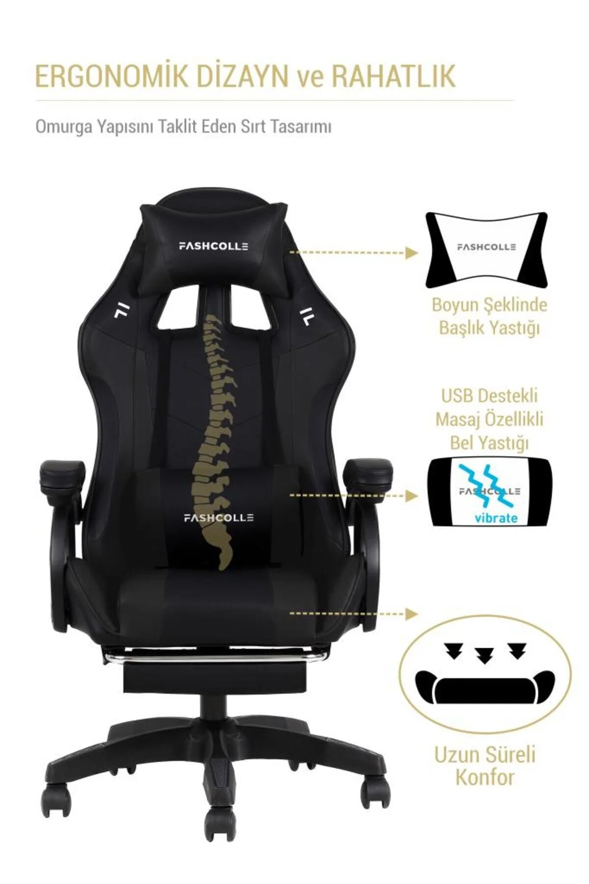 Fashcolle Dynamic Black Masajlı Oyuncu Koltuğu