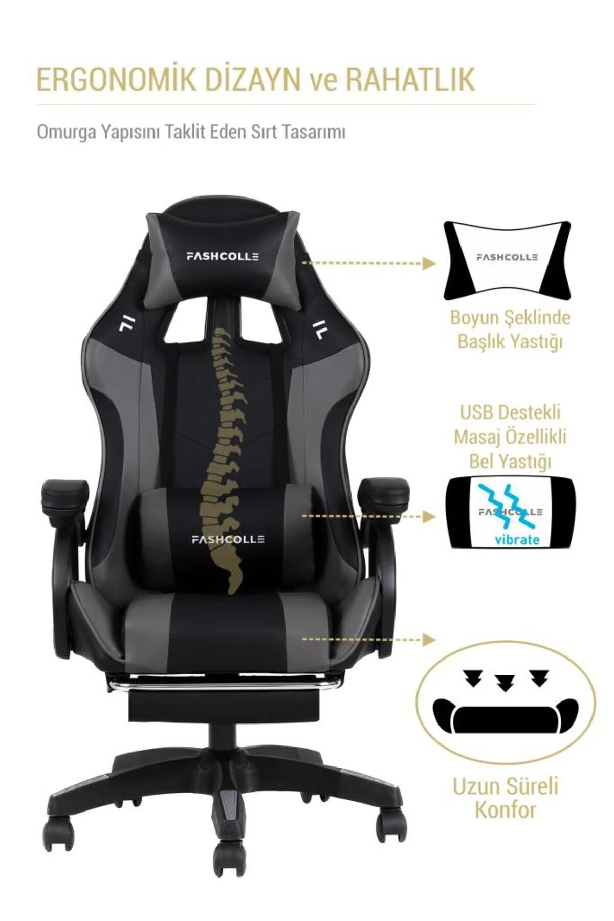 Fashcolle Dynamic Grey Masajlı Oyuncu Koltuğu