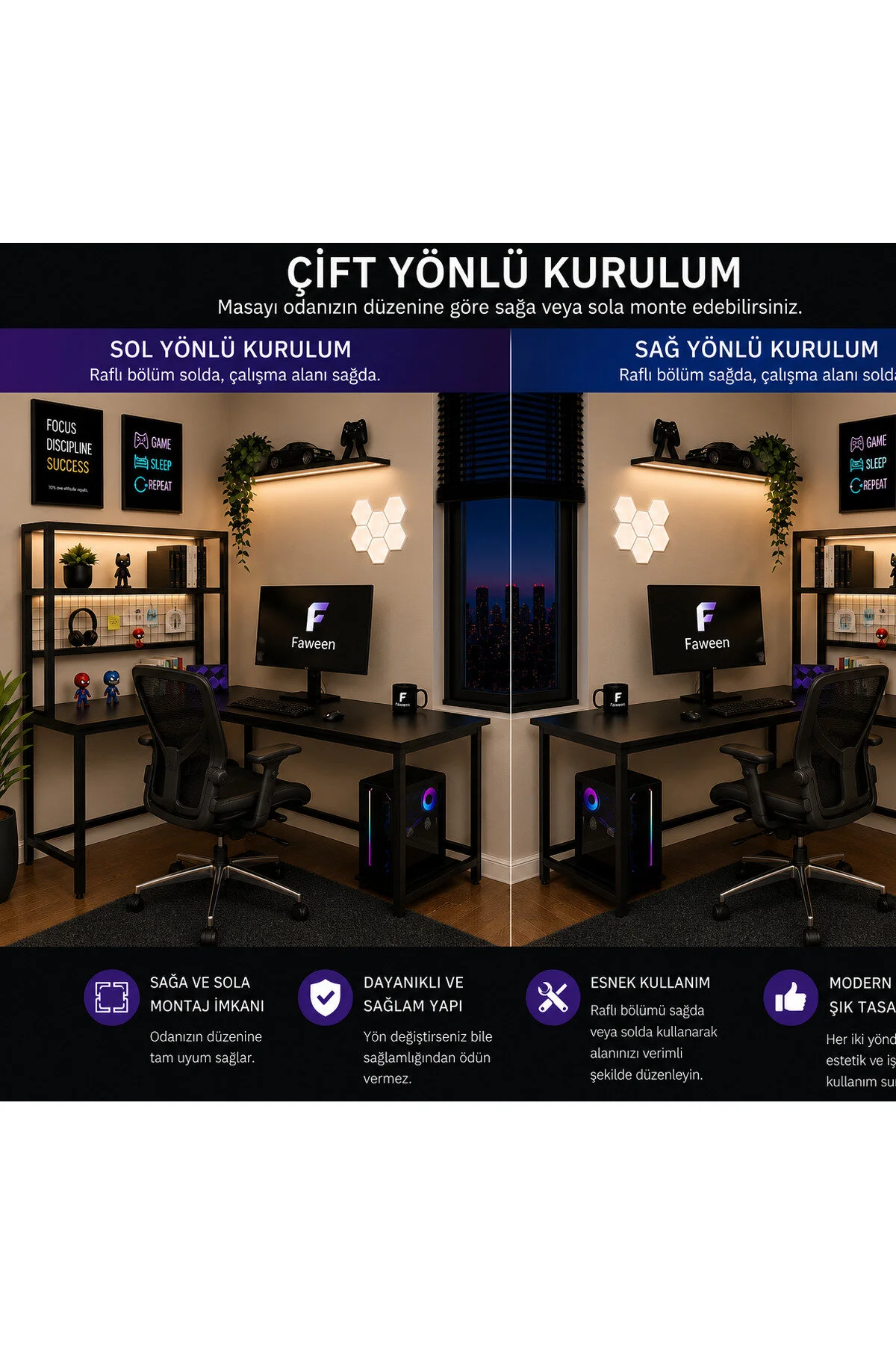faween Pro 140 cm Gömme Gün Işığı LED'li L Tipi Oyuncu ve Çalışma Masası - Siyah (CB010)
