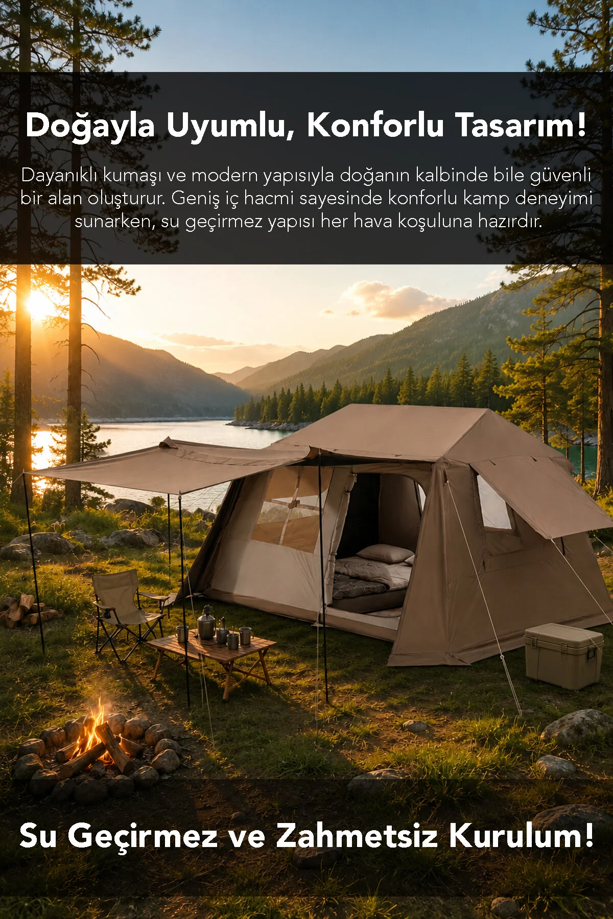 Fischer 10 Kişilik Otomatik Kurulum Çadır - Oxford 210 D Kumaş Soba Baca Özellikli Kamp Outdoor Çadır