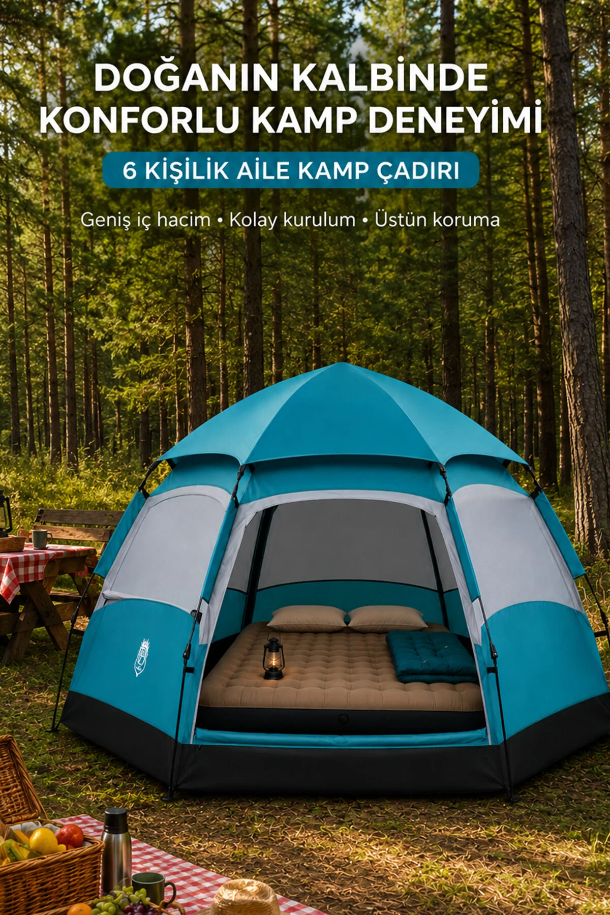 Fischer Altıgen Kamp Çadırı - 6 Kişilik Polyester 190 T Su Geçirmez Kumaş Outdoor Kamp Çadırı