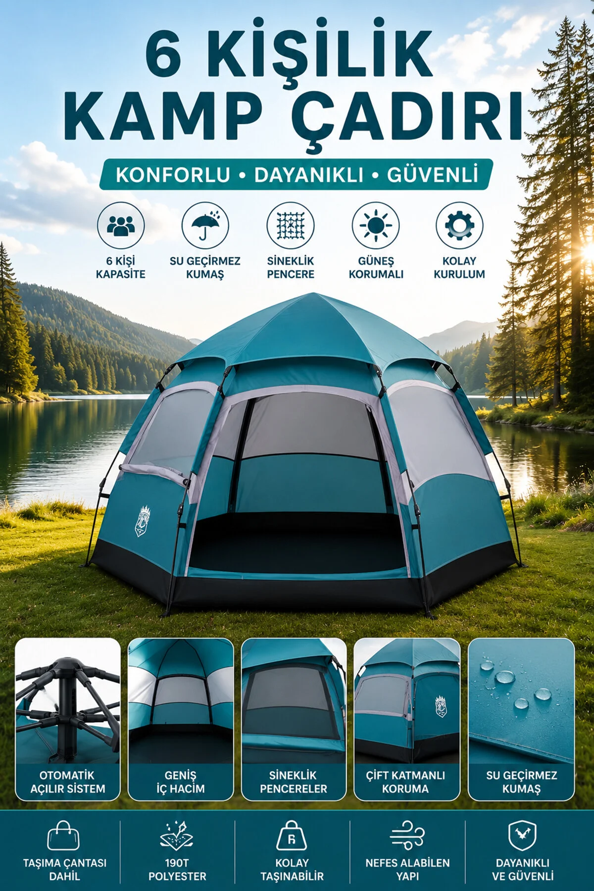 Fischer Altıgen Kamp Çadırı - 6 Kişilik Polyester 190 T Su Geçirmez Kumaş Outdoor Kamp Çadırı