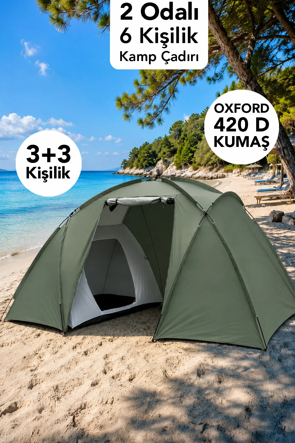 fischerone 6 Kişilik Kamp Çadırı - 2 Odalı Bahçe Sahil Su Geçirmez Oxford 420 D Kumaş Çadırı
