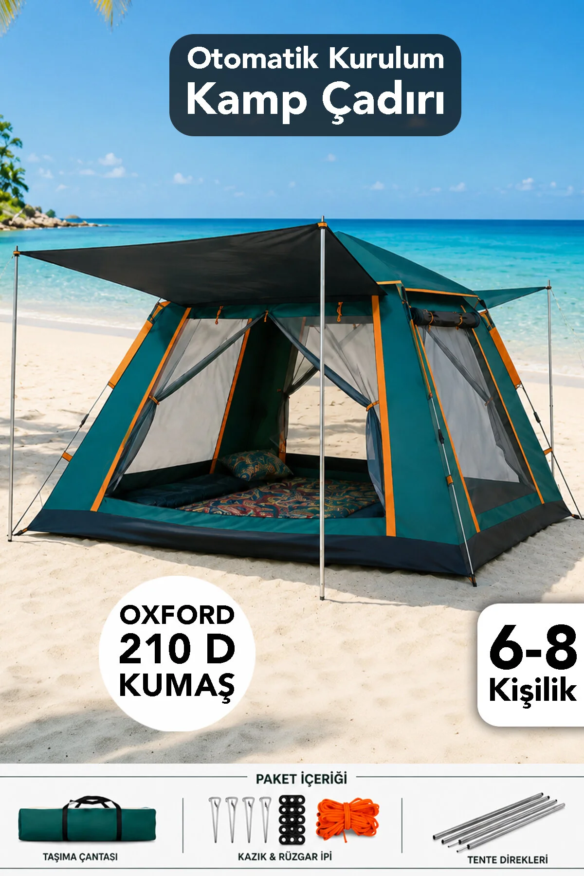 fischerone 6 Kişilik Otomatik Kurulum Kamp Çadırı - Su Geçirmez Tenteli Dayanıklı Outdoor Çadır 240x240x160cm